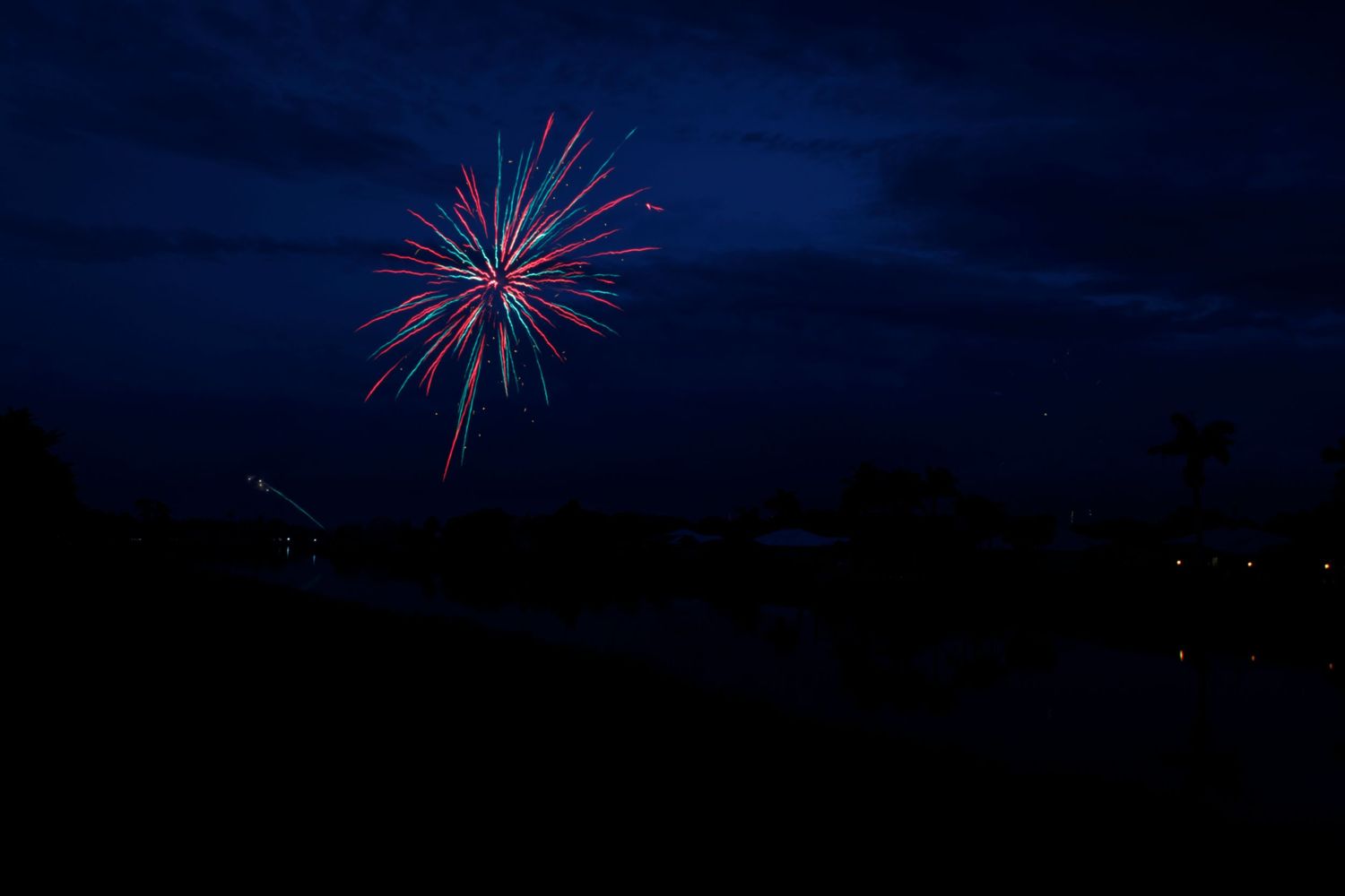 Multiple red and blue fireworks explode against a dark night sky over a city skyline.