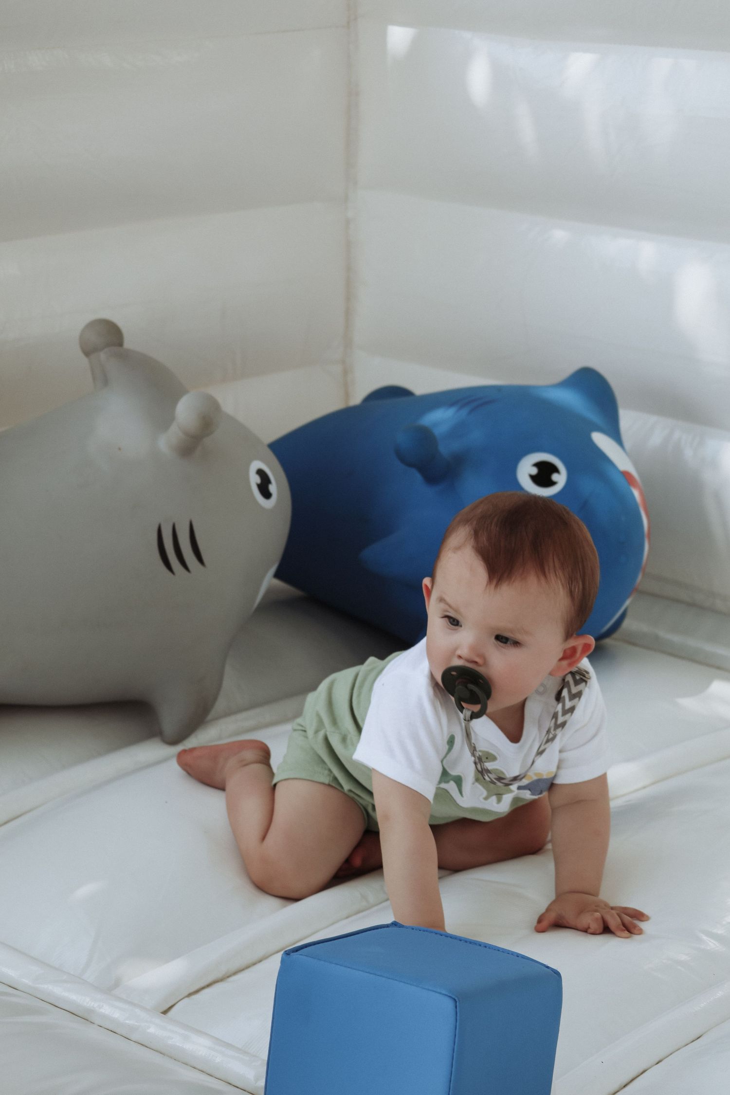 Baby playing on white couch with plush shark and whale toys.
