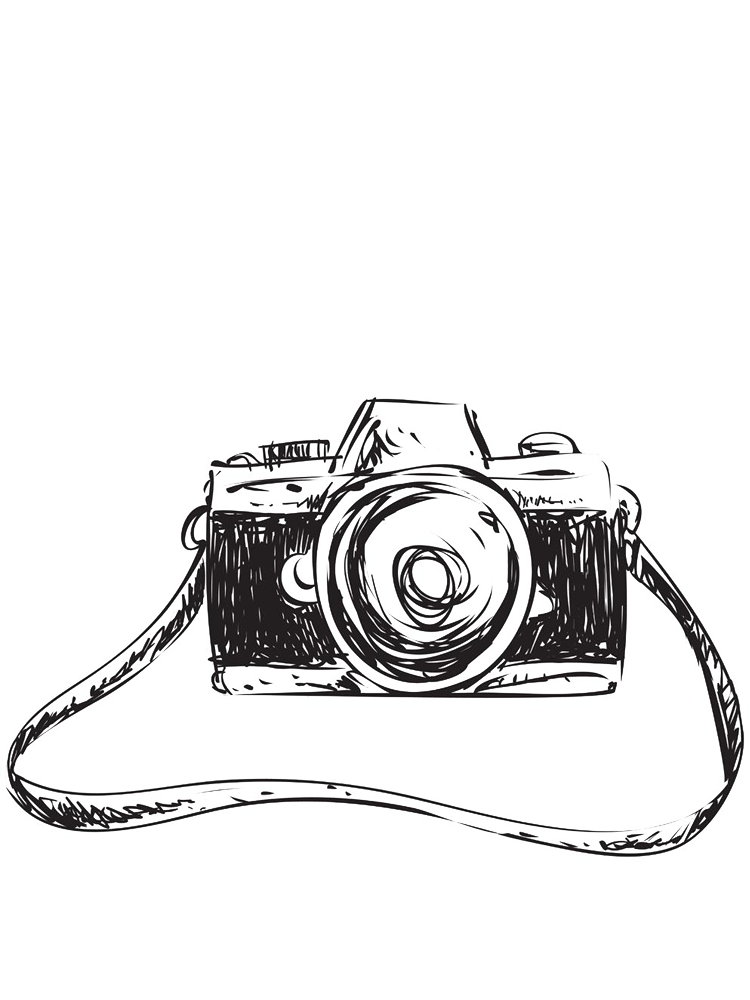 Hand-drawn sketch of vintage camera with strap in black and white style.