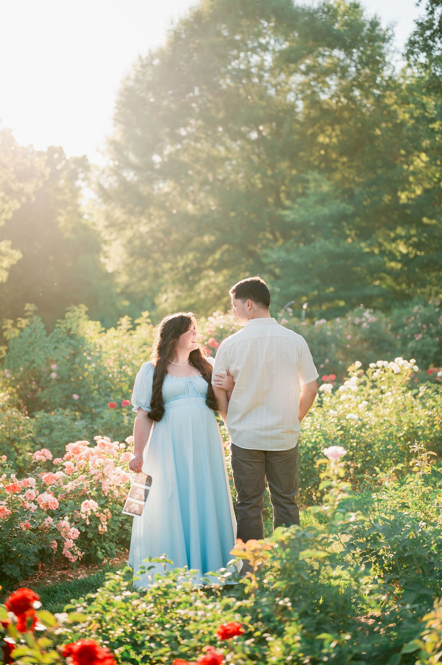 Couple walking through a sunlit rose garden, woman in light blue dress holding ultrasound photo.