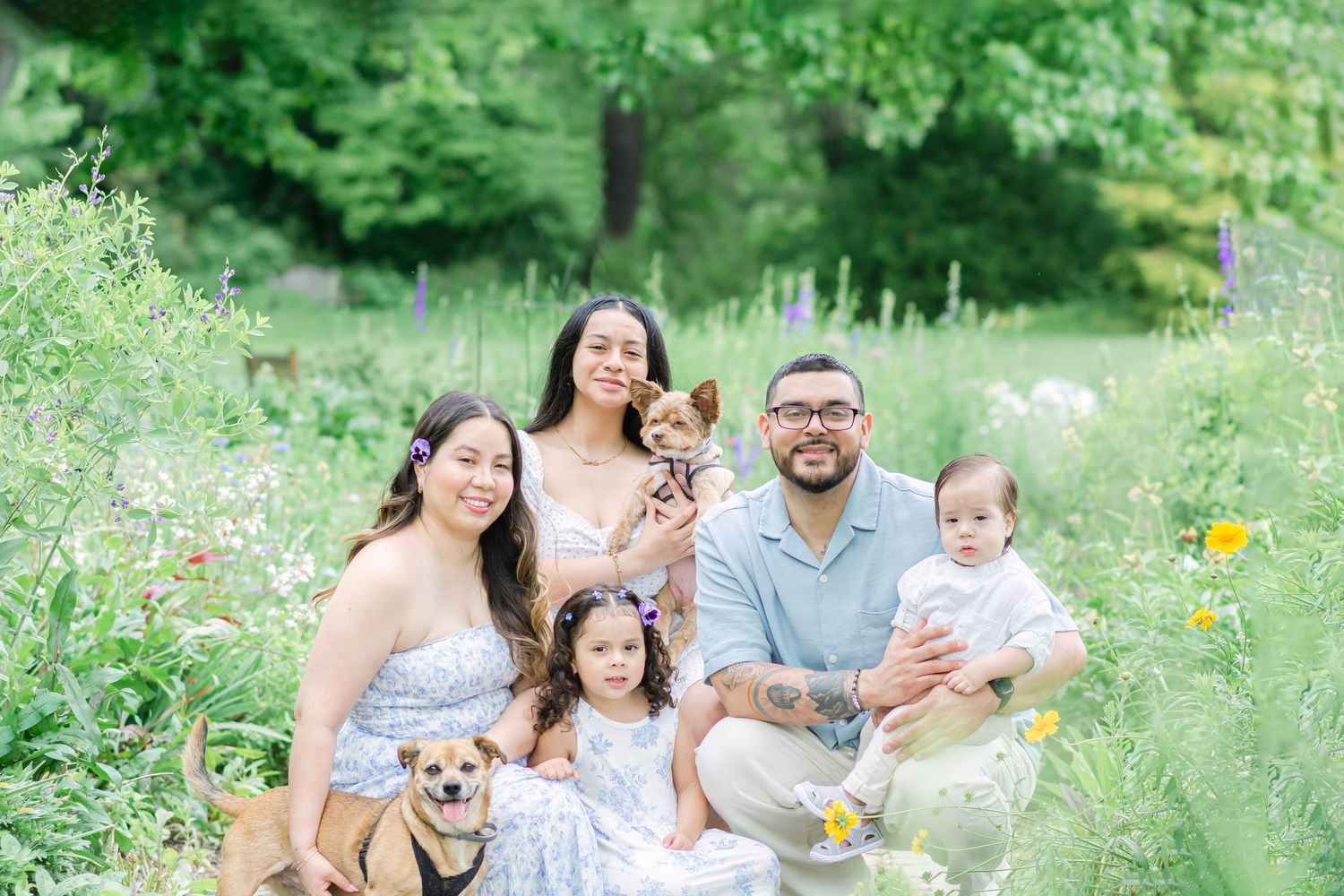 Family and dog relaxing together on a blanket in a sunny meadow.