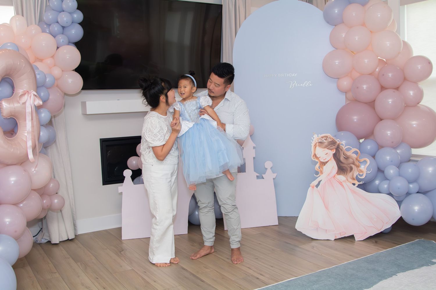 A collage of gender reveal party photos showing pink and blue balloon decorations and guests in light colored outfits.