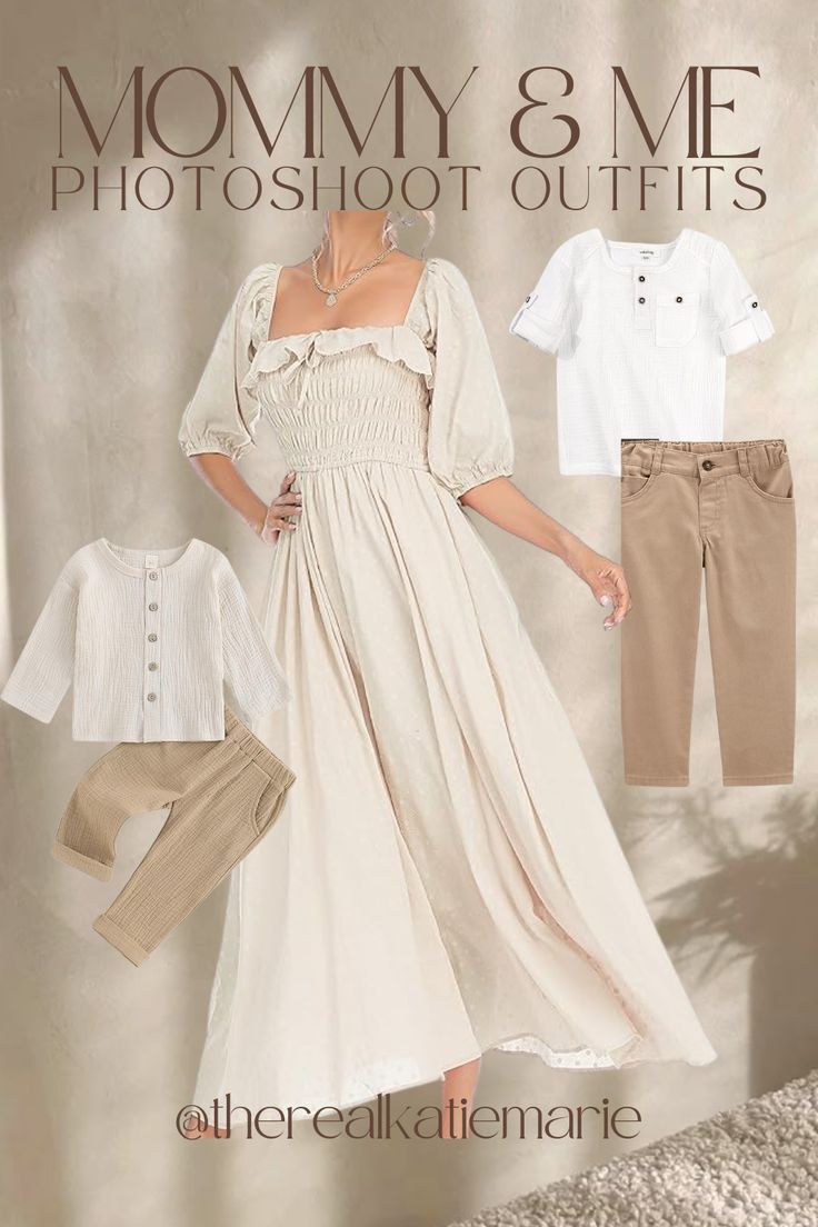 Collage of coordinated beige and white vintage-inspired mommy and me outfits for photoshoot styling.