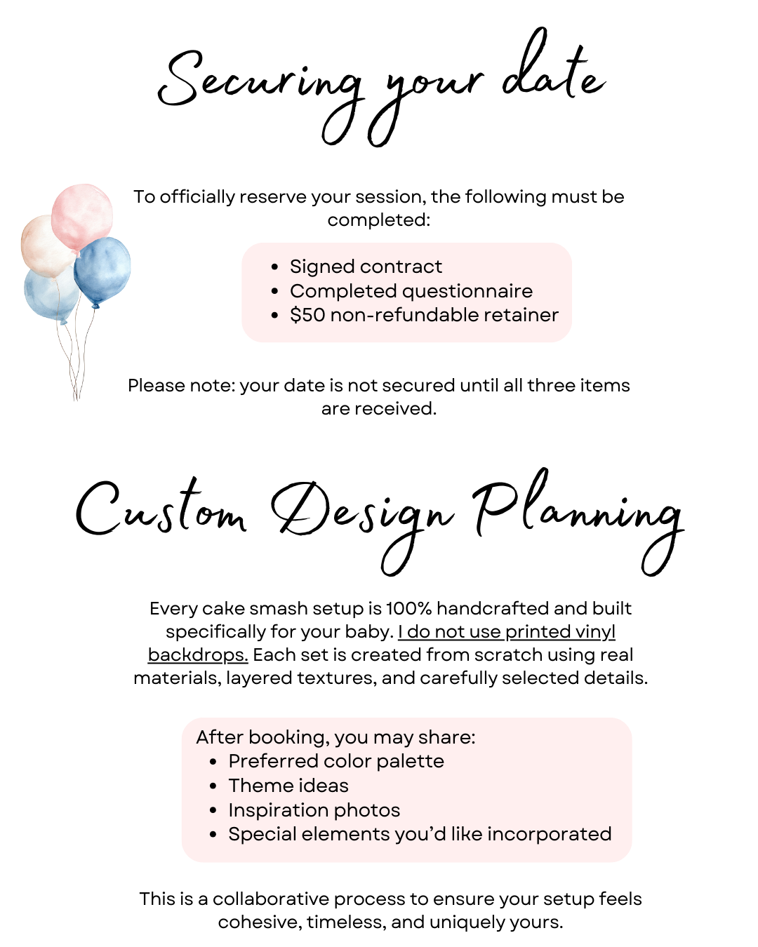 A business document titled 'Securing your date' with custom design planning details and pink and blue balloon illustrations.