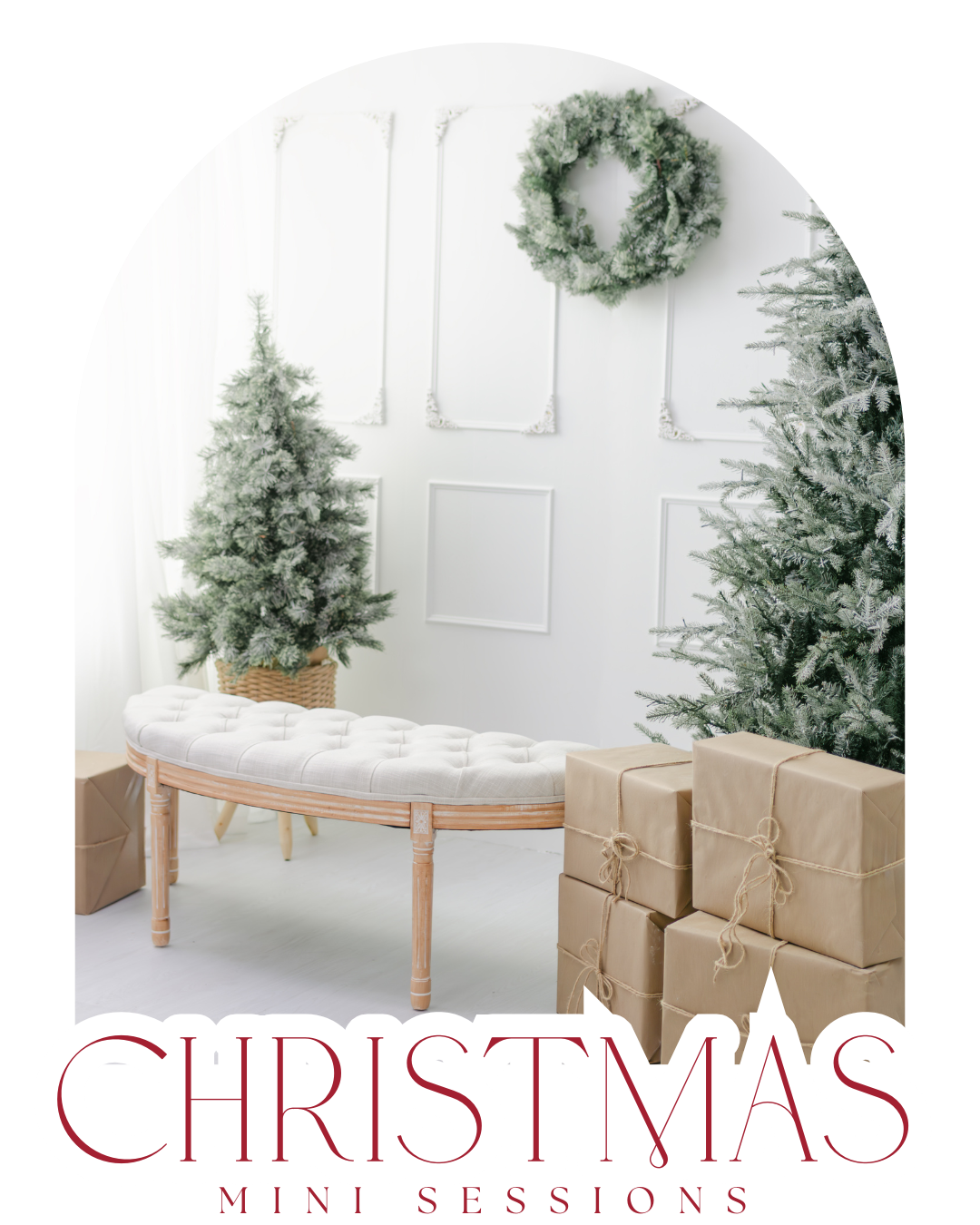 A Christmas mini session advertisement with frosted trees, brown packages and elegant red text on a white background.