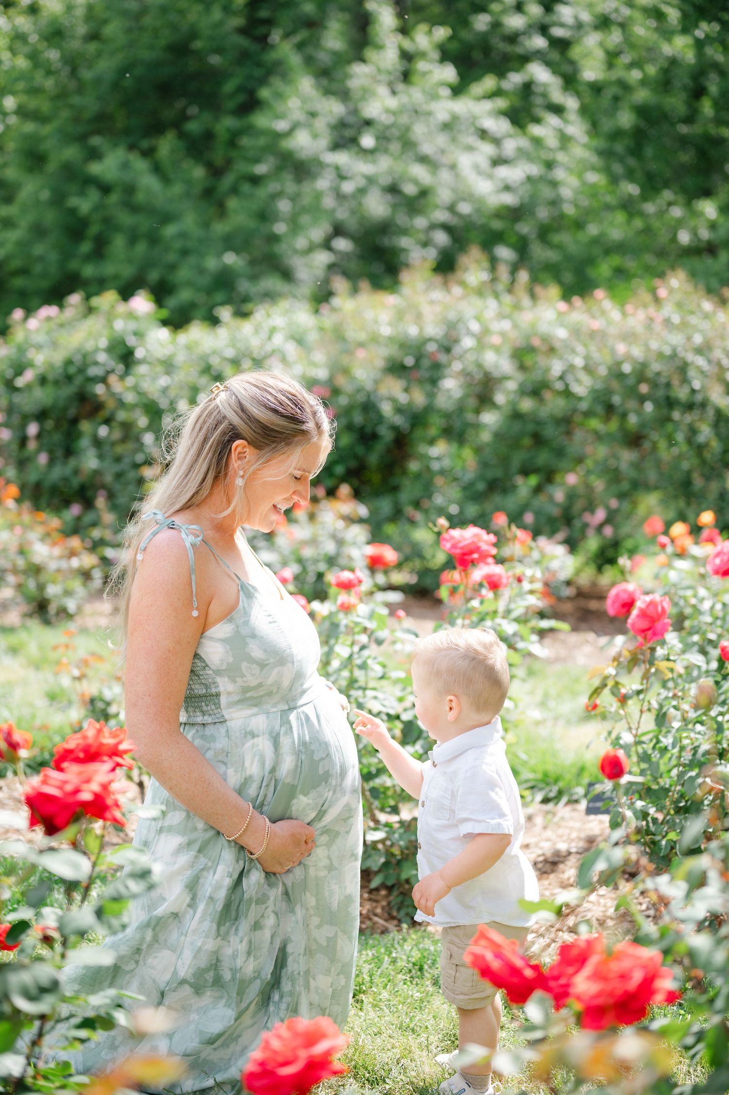 Pregnant woman in floral dress smiles at toddler boy among red roses in a sunny garden maternity photo.