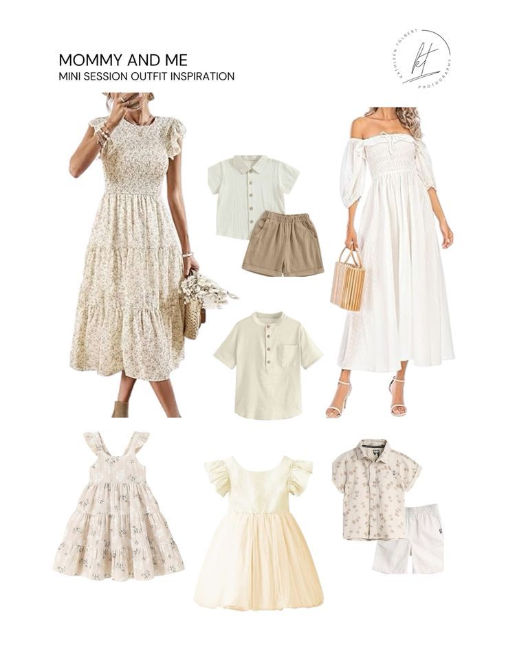Collection of vintage-inspired cream and beige lace dresses and outfits arranged in a coordinated fashion style board.