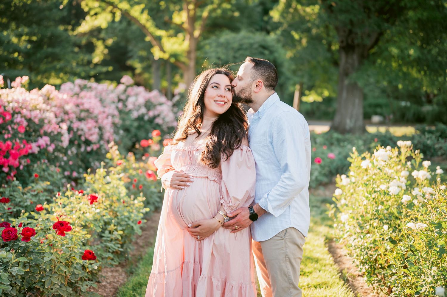 Pregnant couple poses in blooming rose garden, man kissing woman's cheek as she cradles baby bump in pink dress.