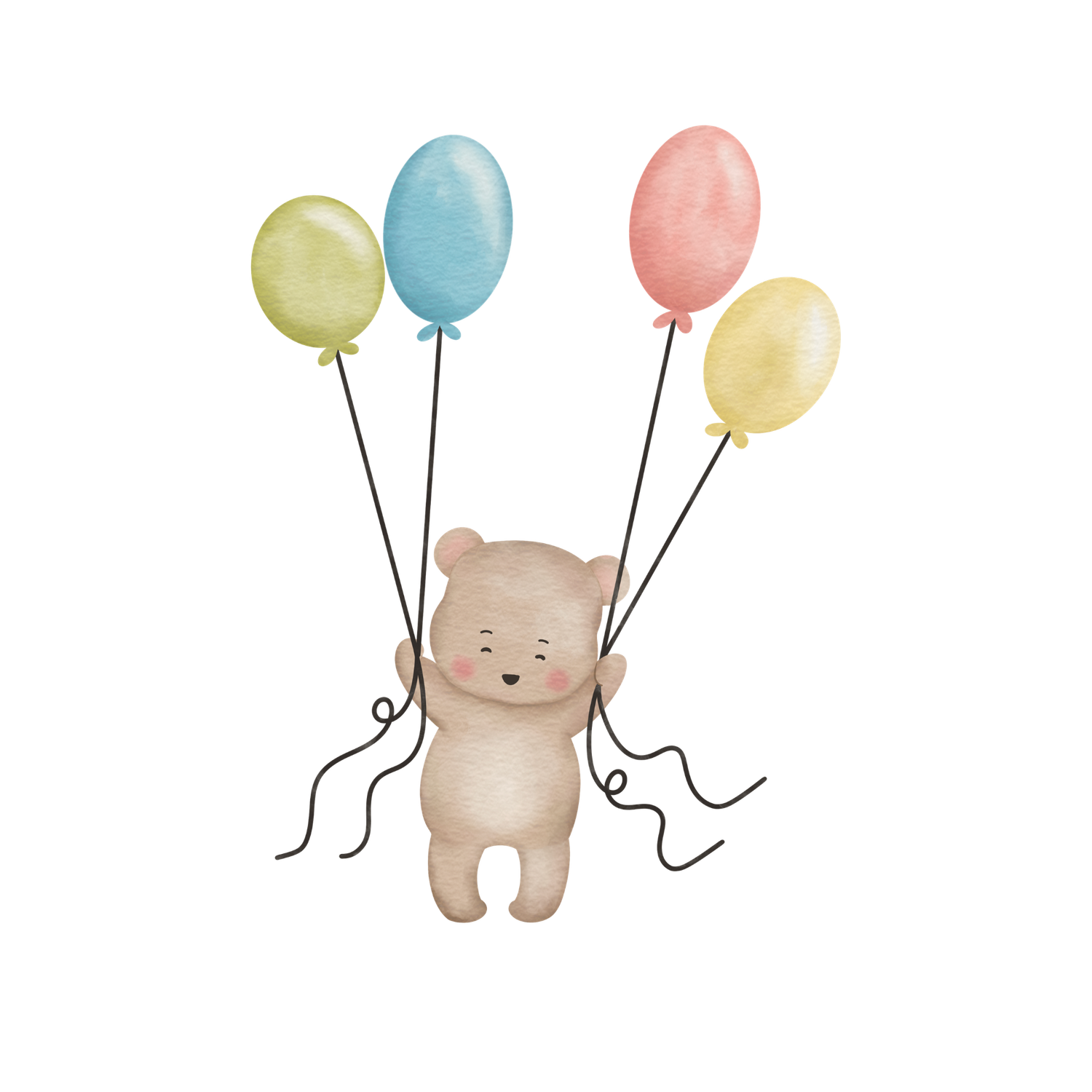 Whimsical watercolor teddy bears floating with pastel balloons against white background.