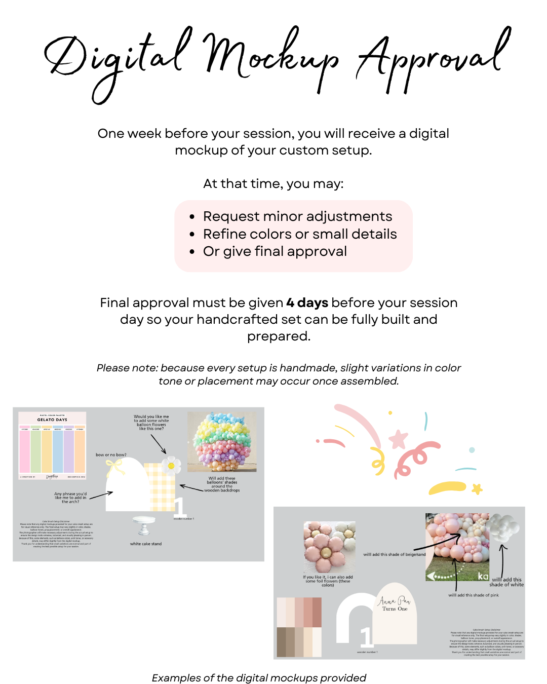 A design mockup approval process diagram showing digital examples and color palette samples on a light gray background.