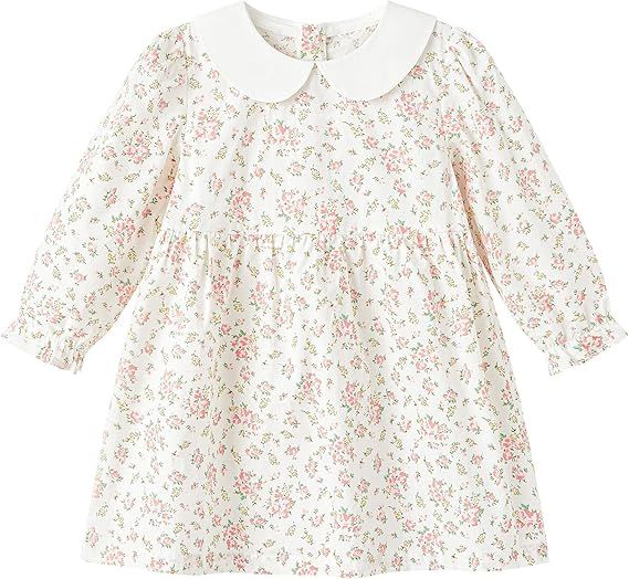 Delicate floral print dresses with peter pan collars arranged in a horizontal display.