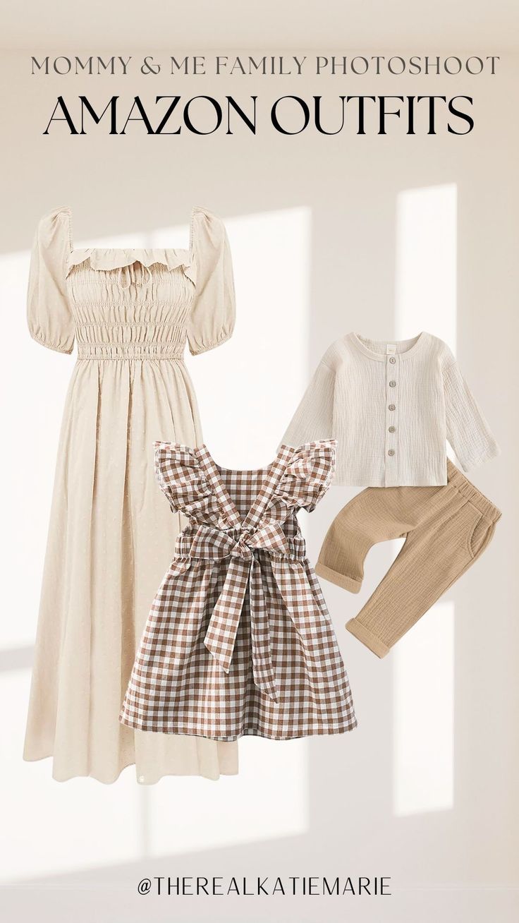 Neutral beige and brown gingham coordinating outfits for family photos featuring dresses and matching separates.