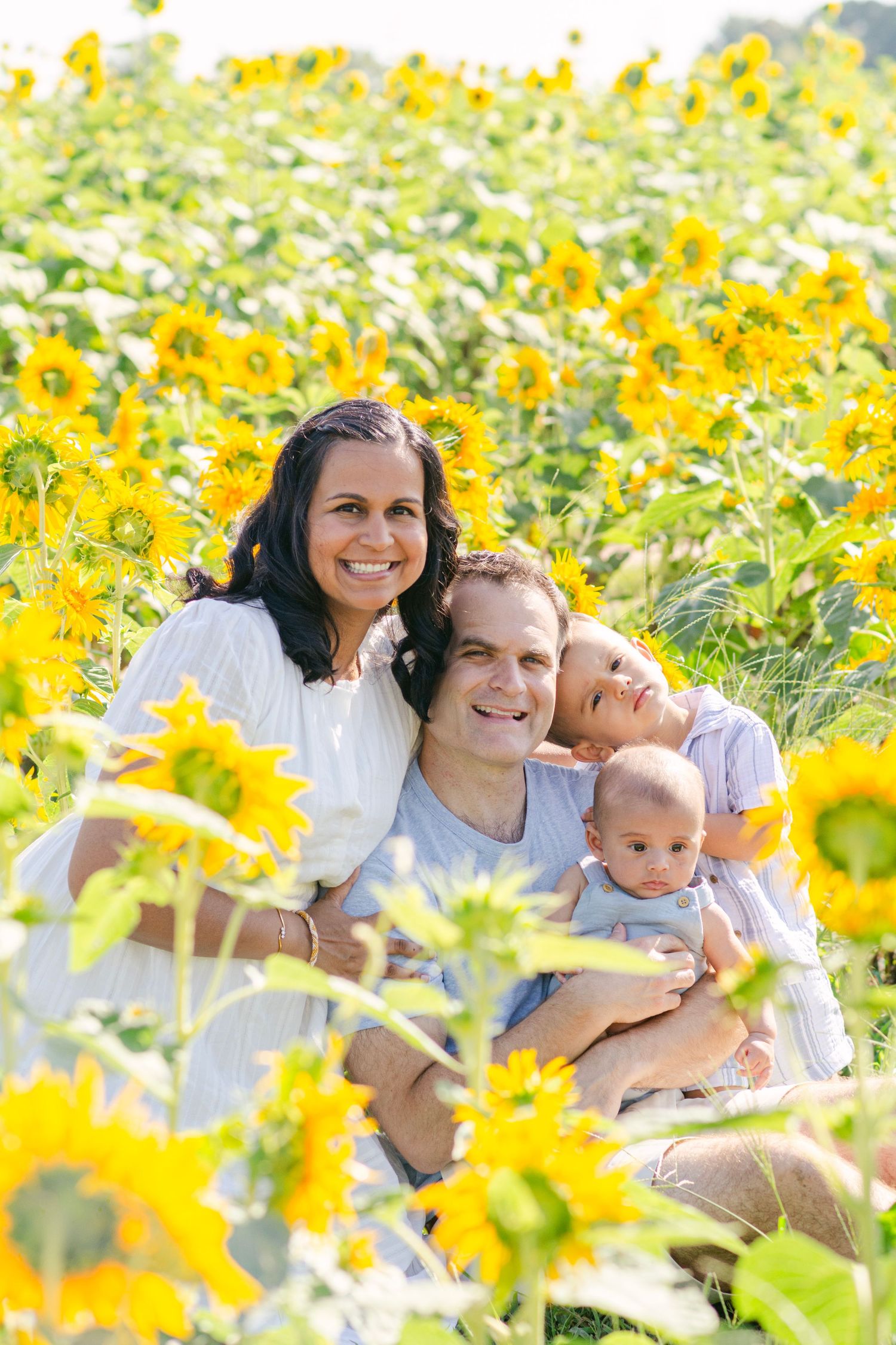 Family laying in a field of golden sunflowers during a sunny outdoor photo session.