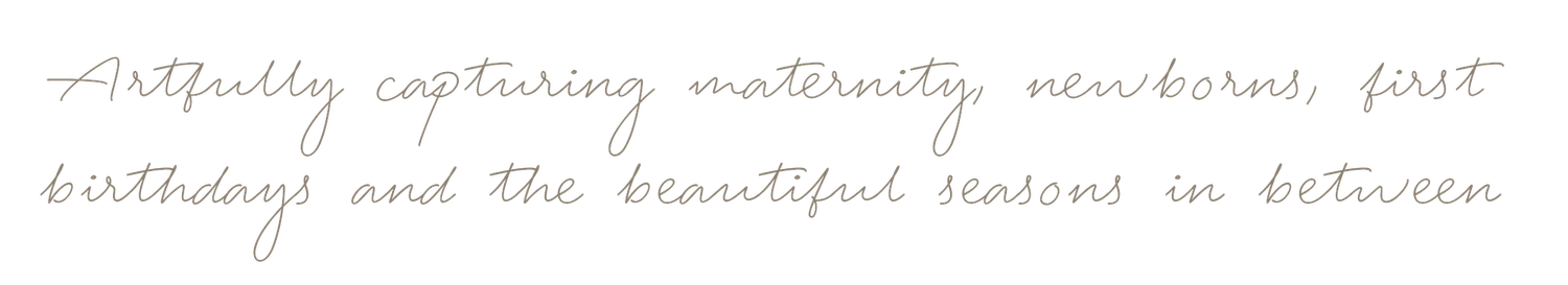 Elegant handwritten script text reading artfully capturing maternity, newborns, first birthdays and beautiful seasons.