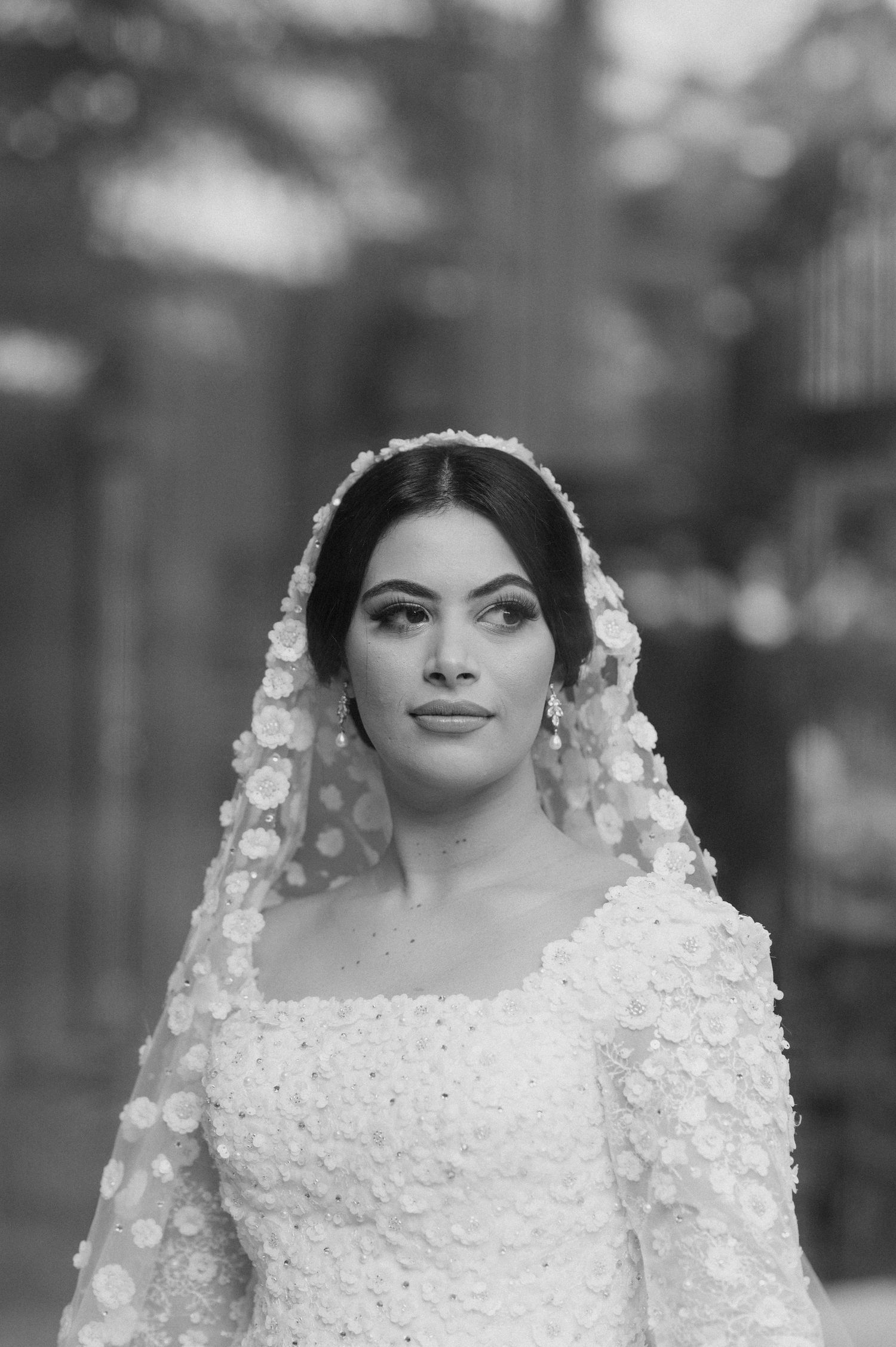 A black and white bridal portrait showcasing an elegant lace wedding dress and veil.