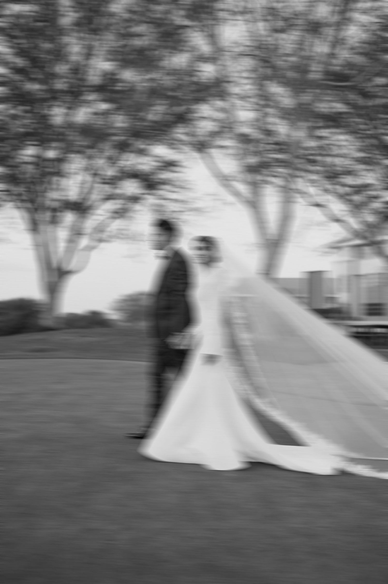 Artistic blurred black and white photo of newlyweds standing together on a lawn.