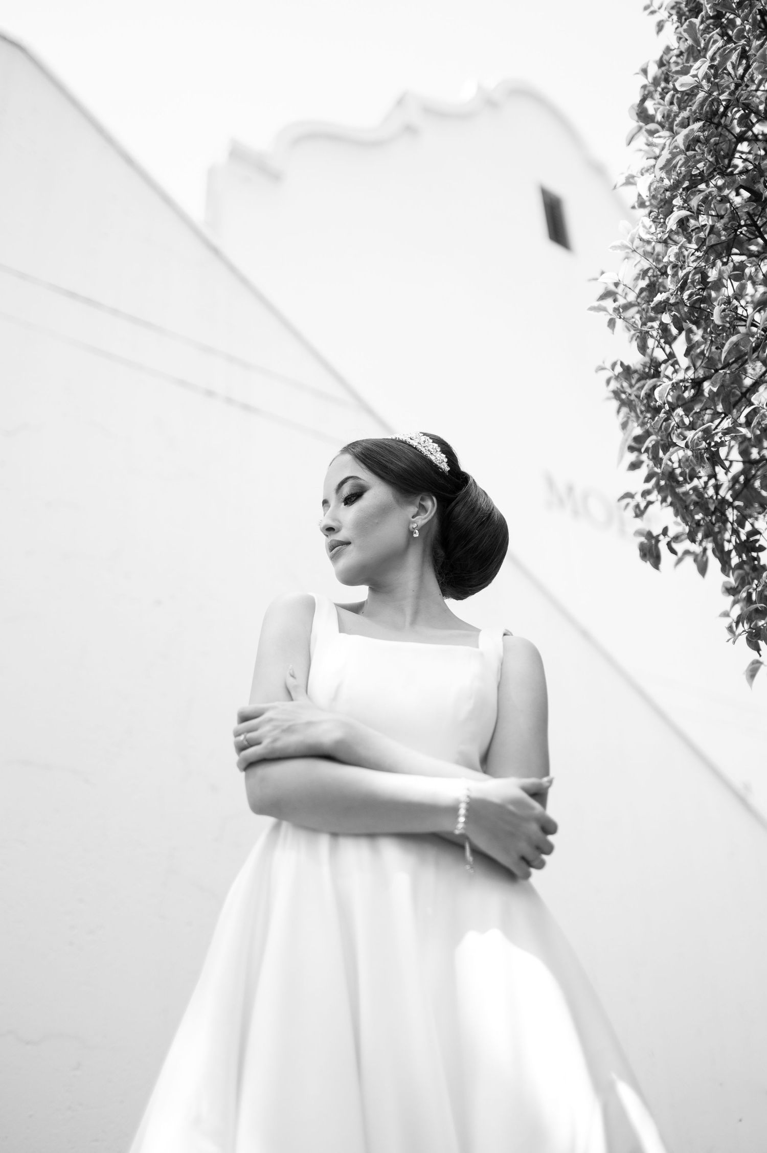 Classic bridal portrait in black and white against a white architectural backdrop.