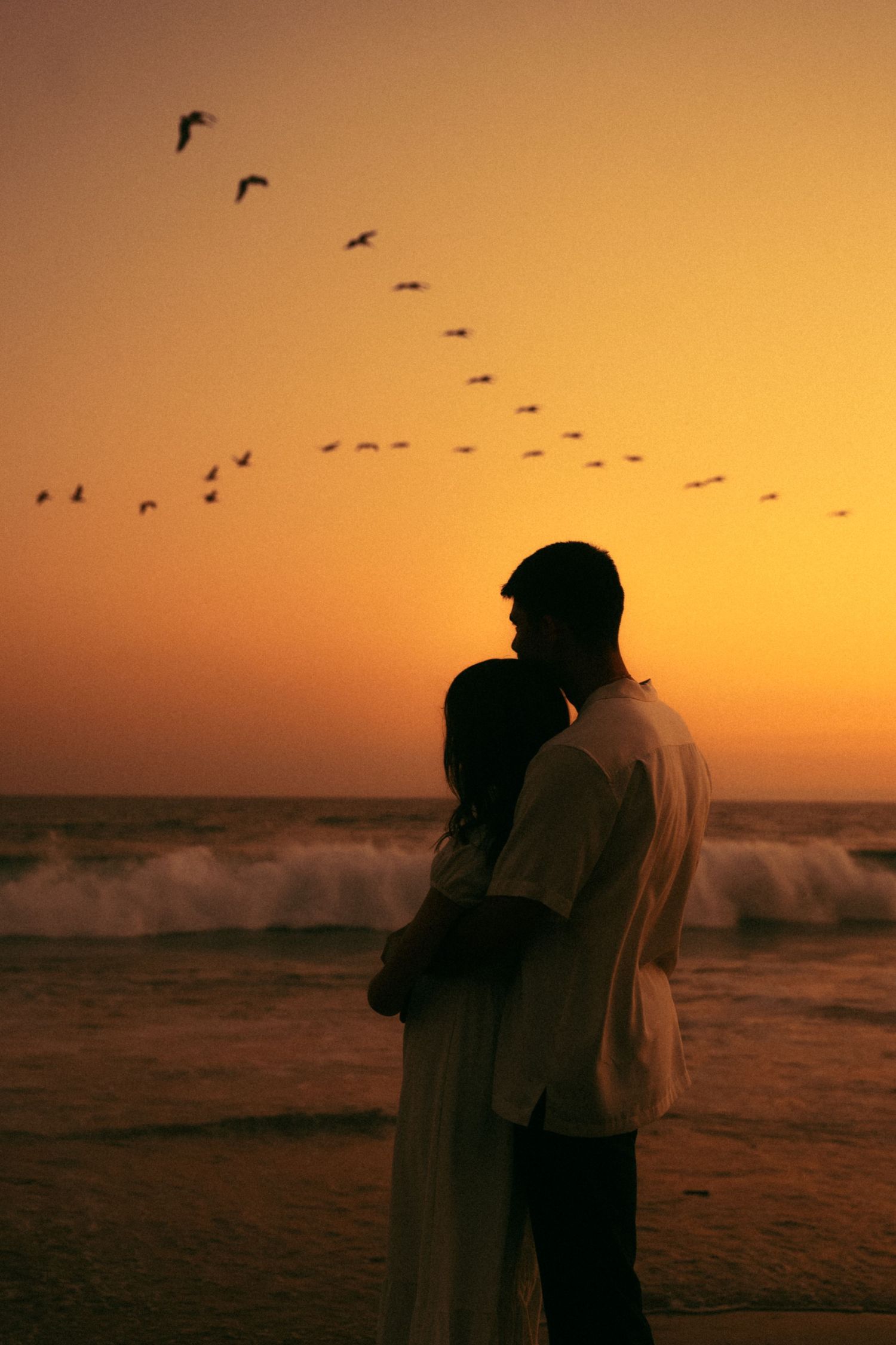 Romantic couple silhouette embracing on beach at golden sunset with birds flying over ocean waves.