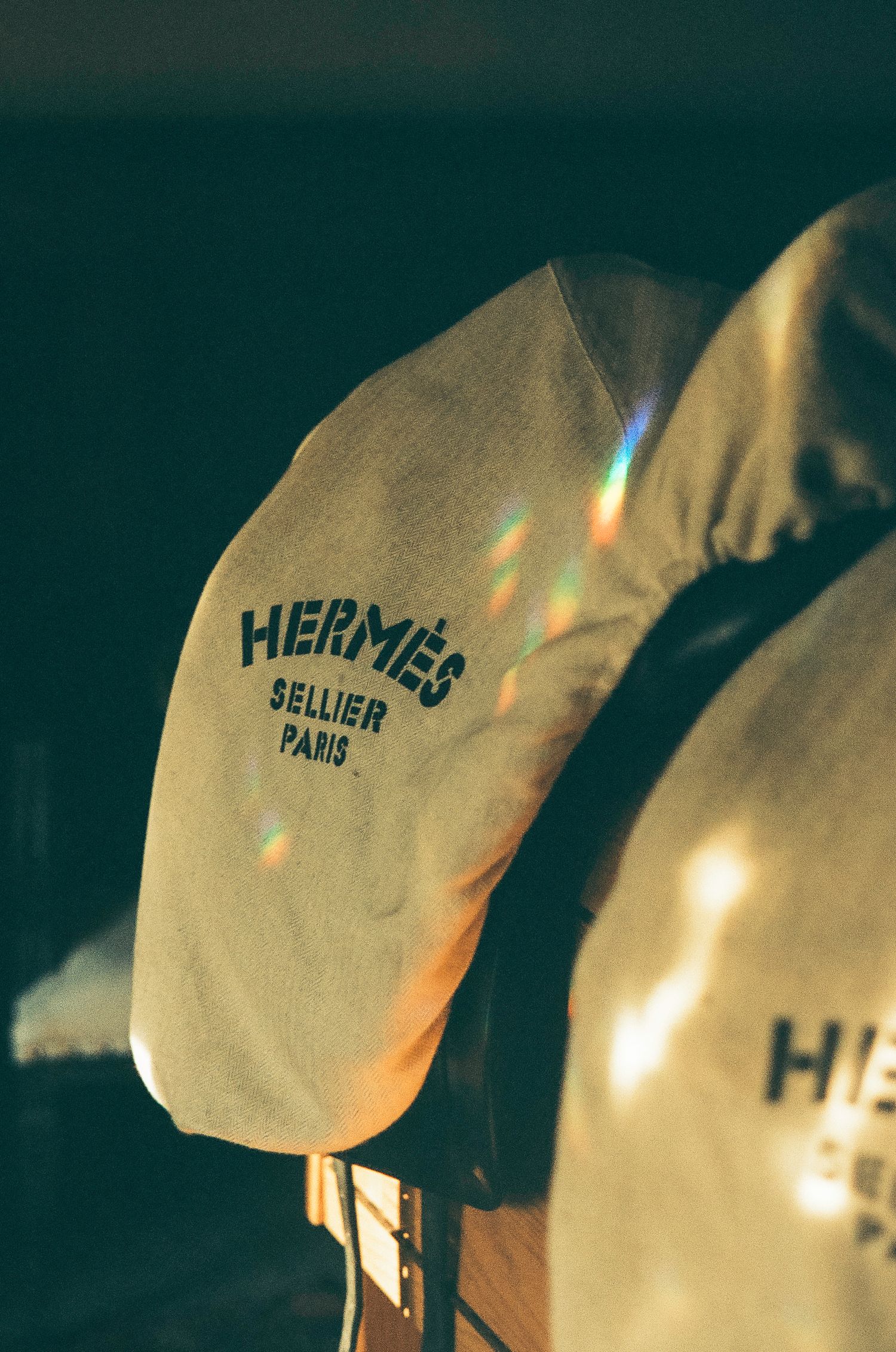 Hermes Sellier Paris logo printed on a light colored fabric with a soft glow and lens flare effect.