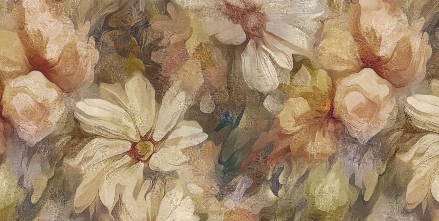 A soft pastel floral pattern with pink and white blooms creates a delicate vintage-inspired background texture.