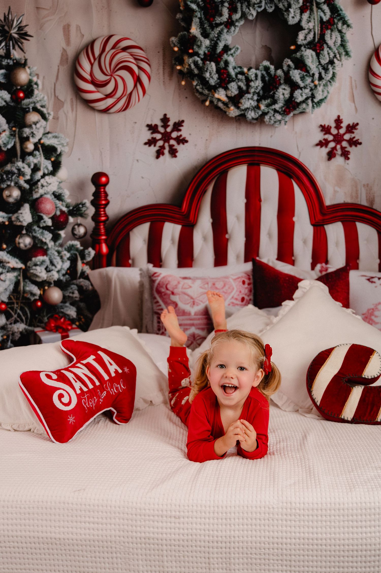 A festive Christmas photo series showing a red and white striped holiday scene with wreaths and peppermint decorations.