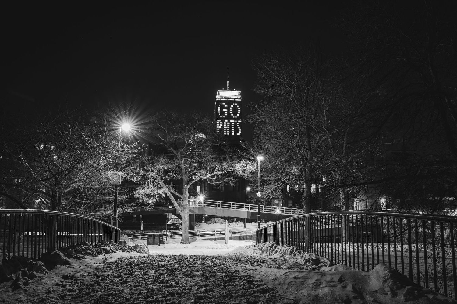 A dramatic black and white winter night scene shows snow-covered paths and trees illuminated by glowing street lamps.