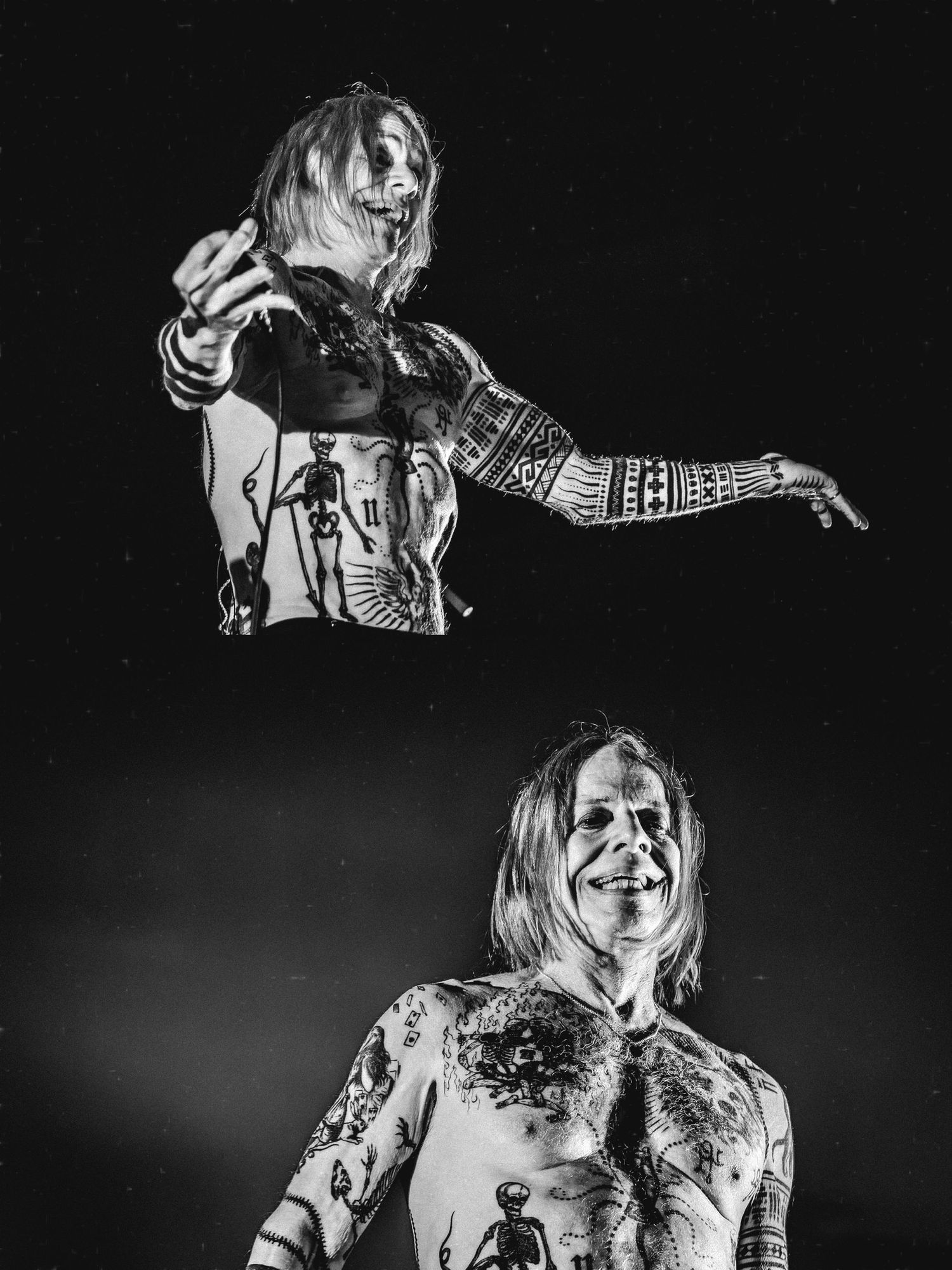 Black and white photo of a heavily tattooed performer with face paint on stage in two poses.