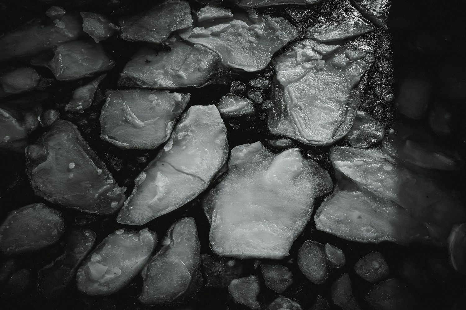 Black and white photograph showing a close-up view of rough textured rocks and stone formations in low lighting.