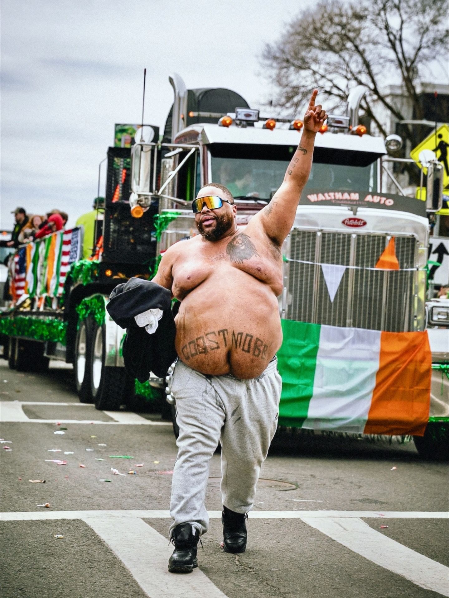 A series of photos showing St. Patrick's Day parade floats and celebrations with Irish flags and festive decorations.