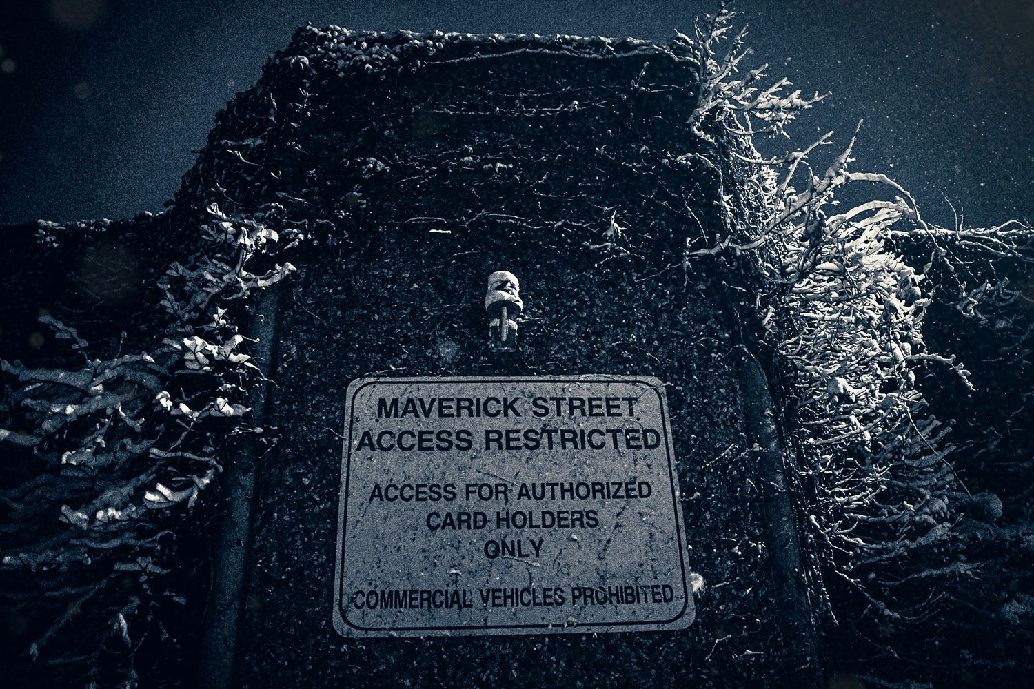 A spooky black and white scene shows a warning sign with a skull on top of a stone wall in dark lighting.