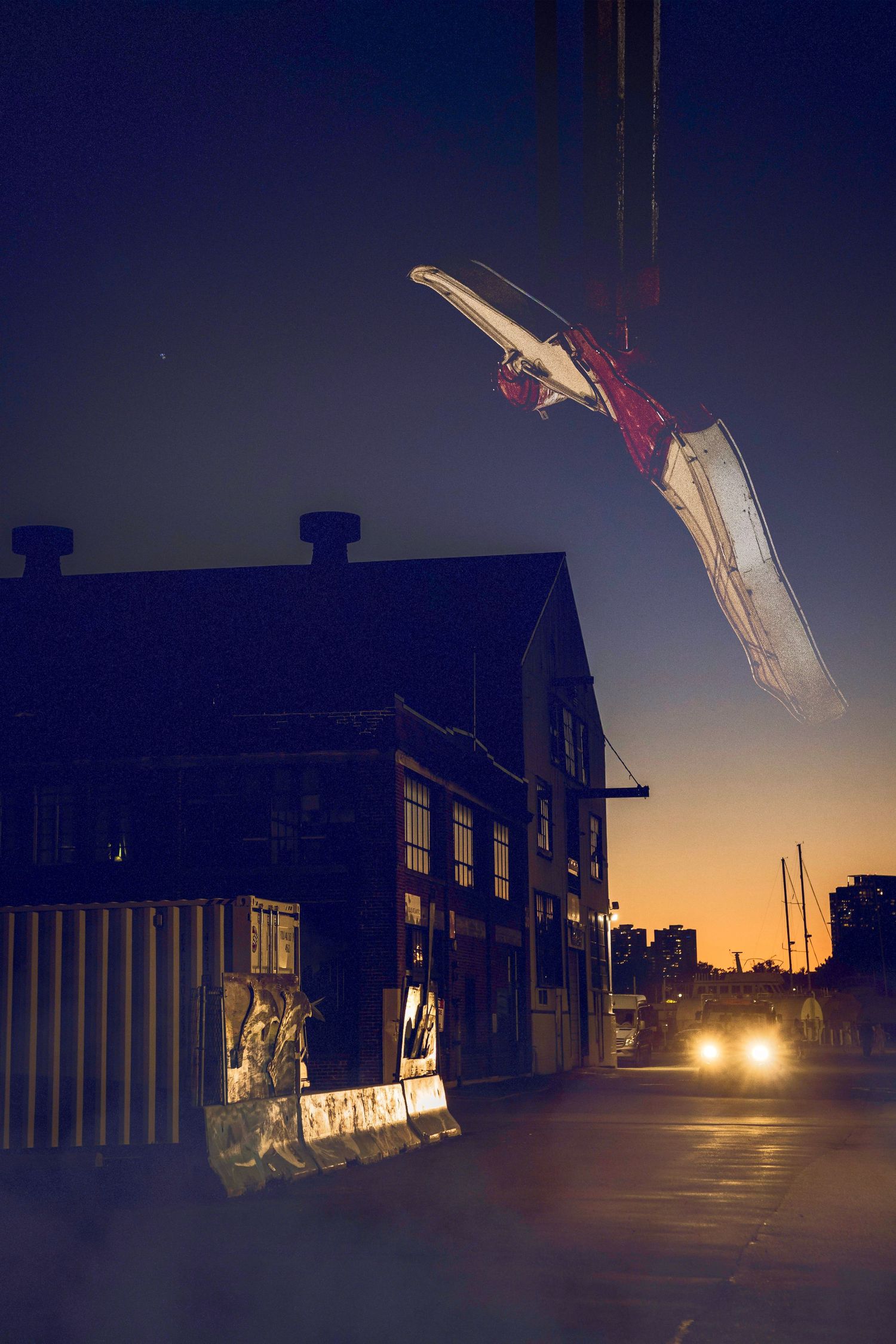 A sequence of nighttime photos showing a building silhouette against a dark sky with glowing lights in the distance.