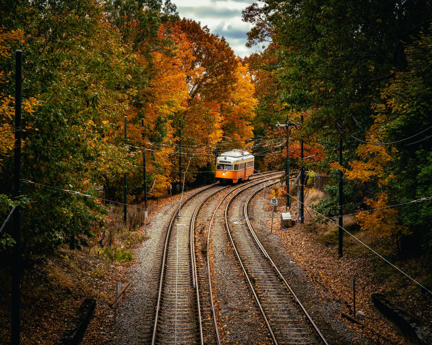 Railroad tracks curve through vibrant autumn foliage with golden trees lining both sides of the rails.