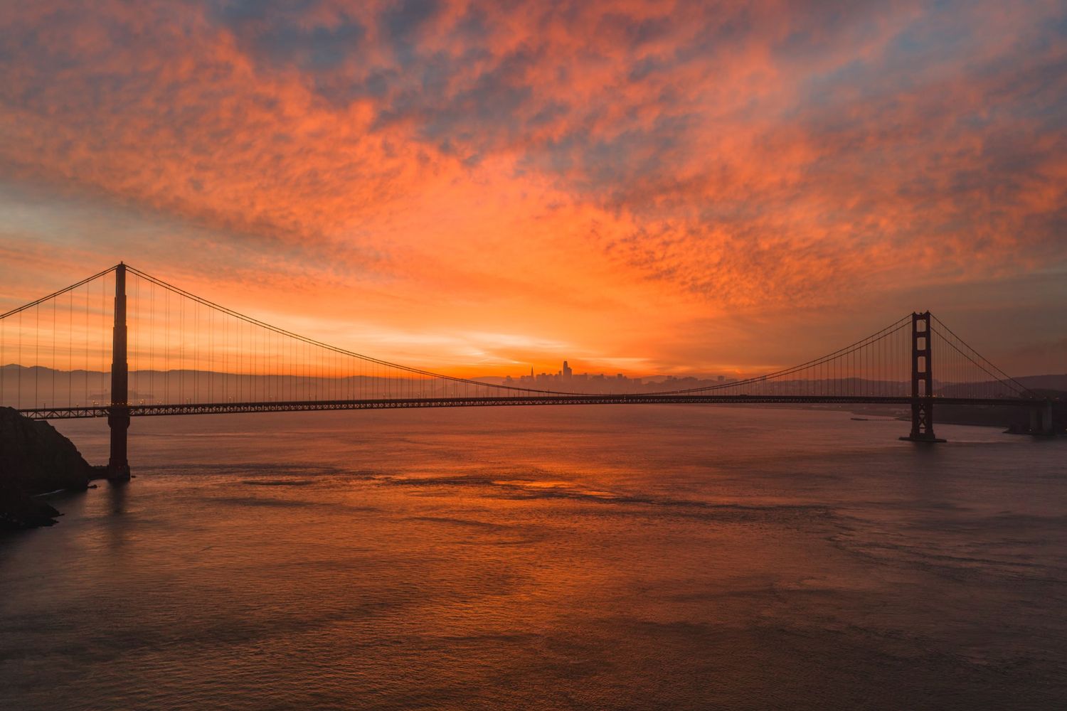 Dramatic fiery orange sunset sky over the Golden Gate Bridge reflecting on San Francisco Bay waters.