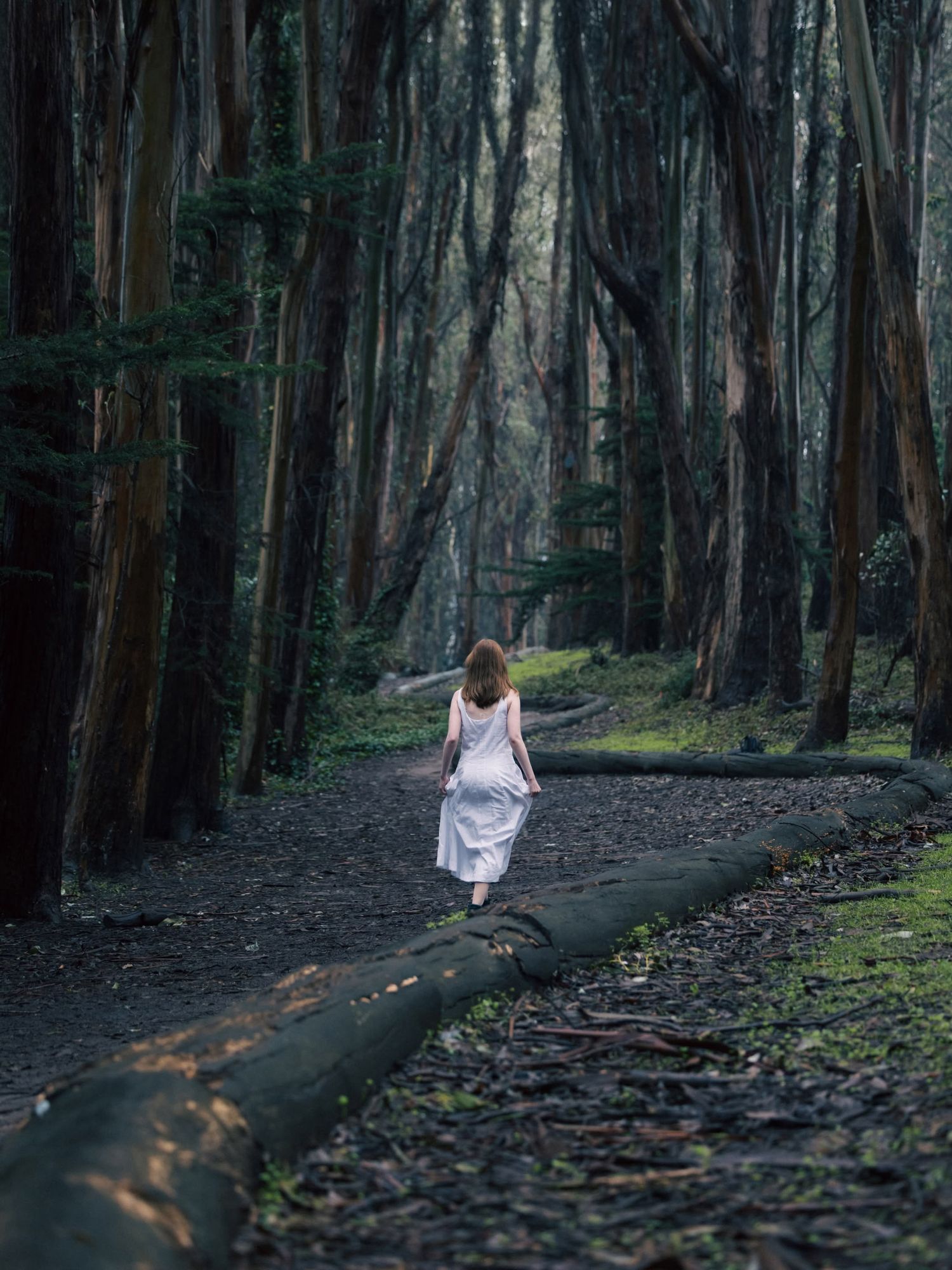 Woman in white dress walking along a path through a dark, moody forest with tall trees.