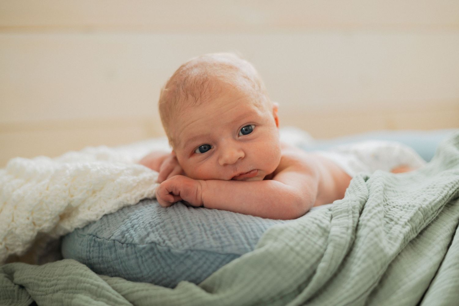 Soft, natural light captures a serene newborn resting on a cozy, textured blanket, with gentle hues of blue and green.