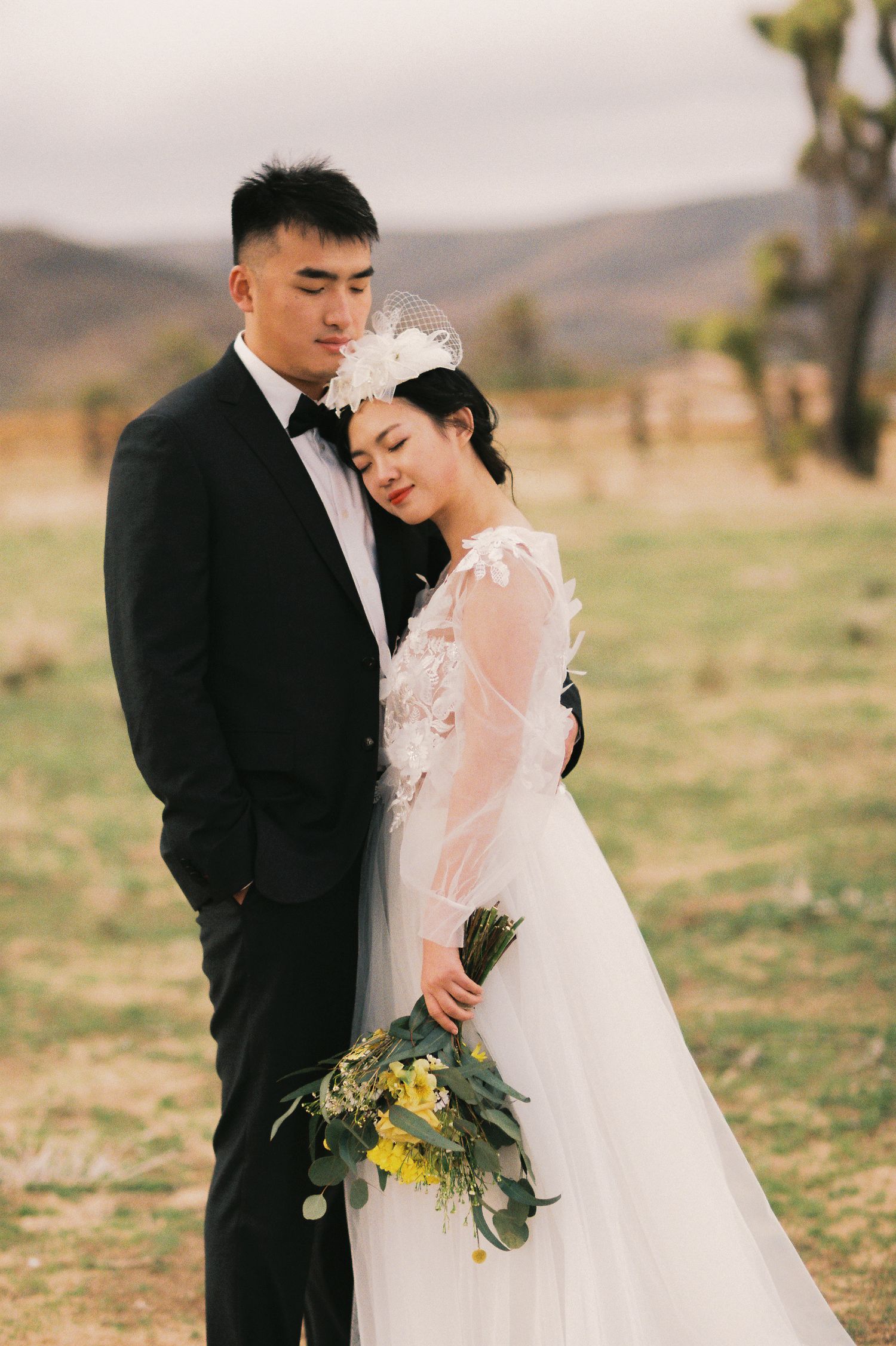 A tender wedding portrait with the couple embracing in a desert setting.