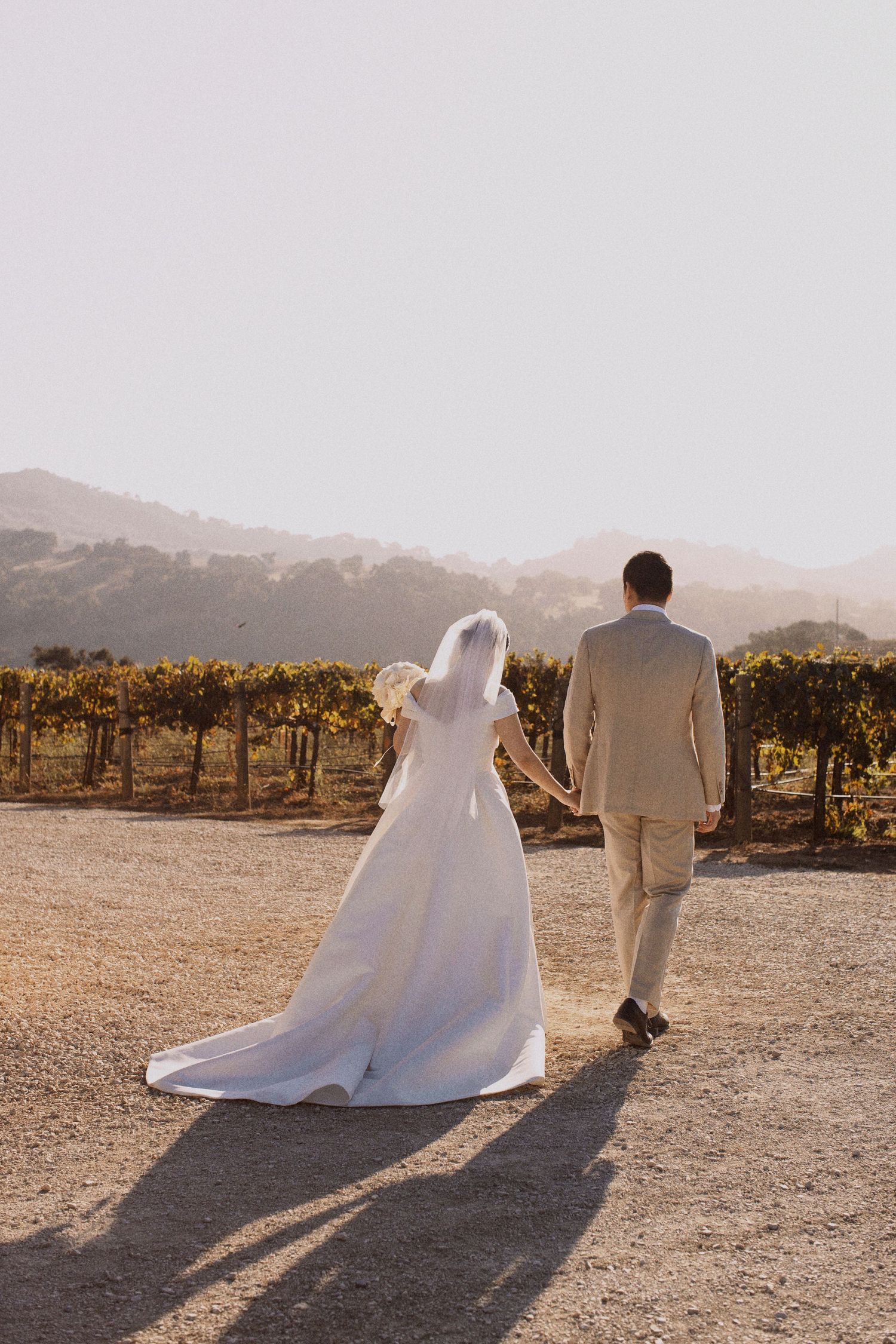 A couple walking through a vineyard at sunset with mountains in the background.