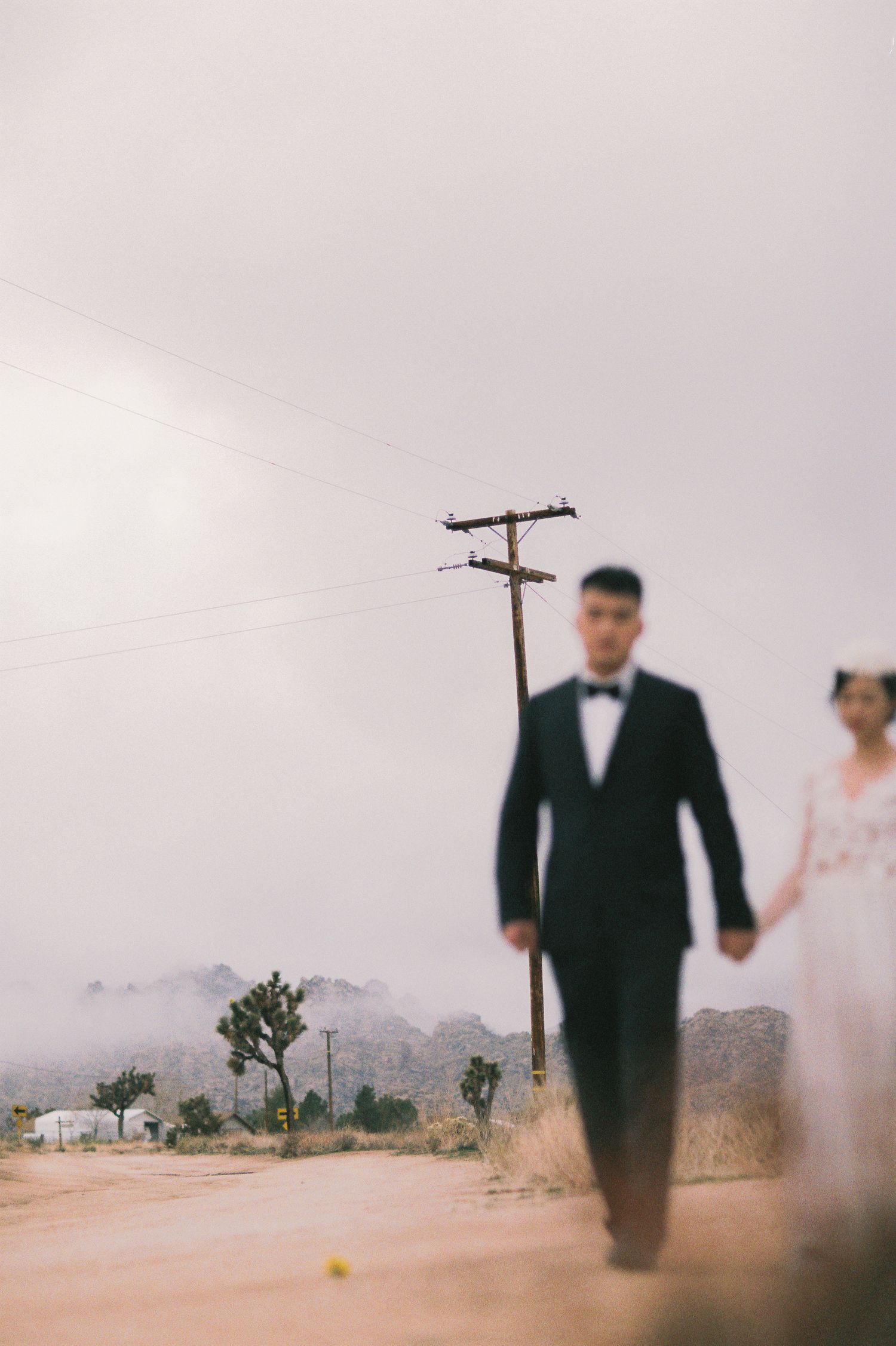 Artistic desert wedding photo with couple holding hands near a utility pole against mountains.