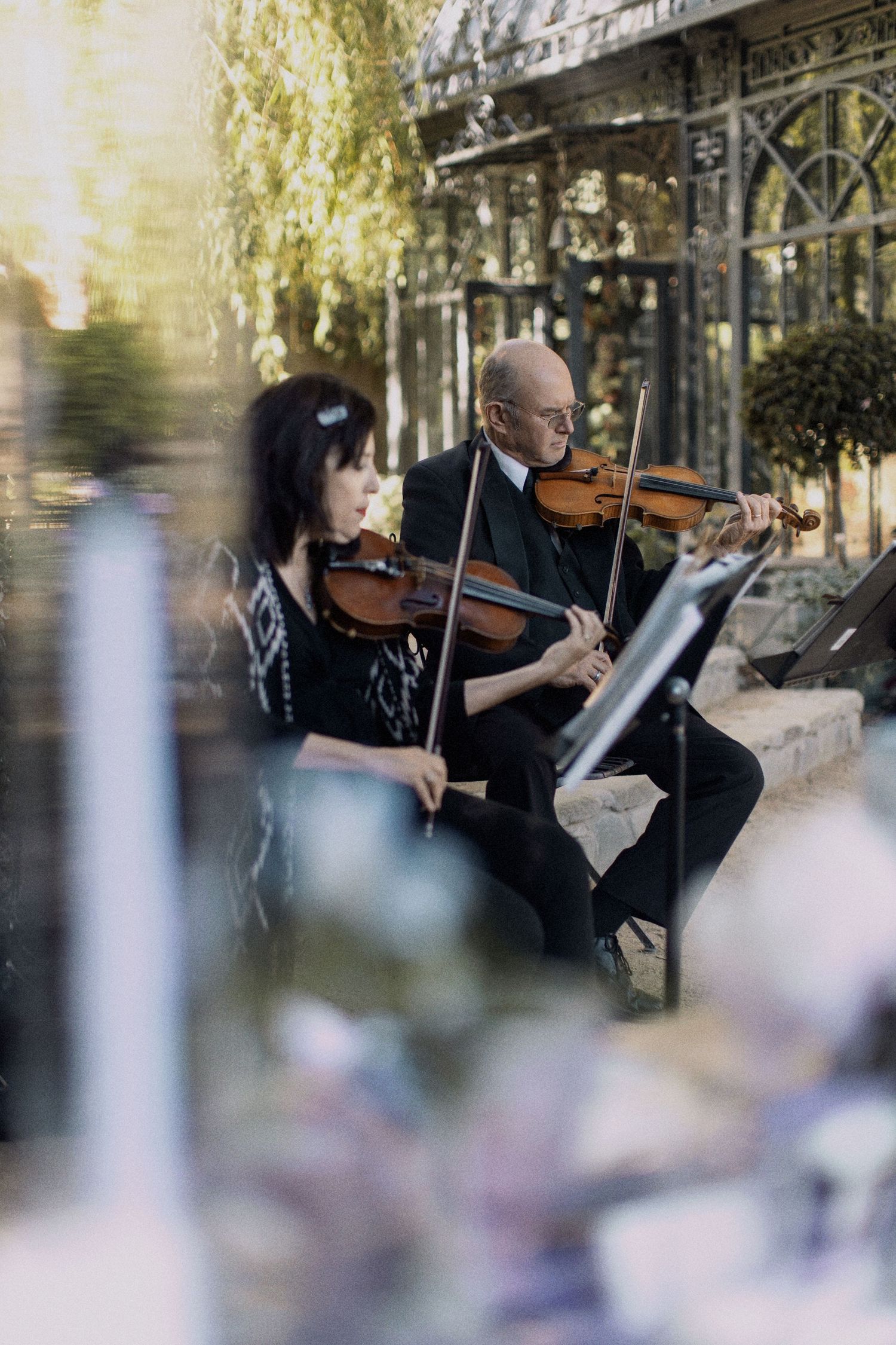 Musicians performing with string instruments in an outdoor garden setting.