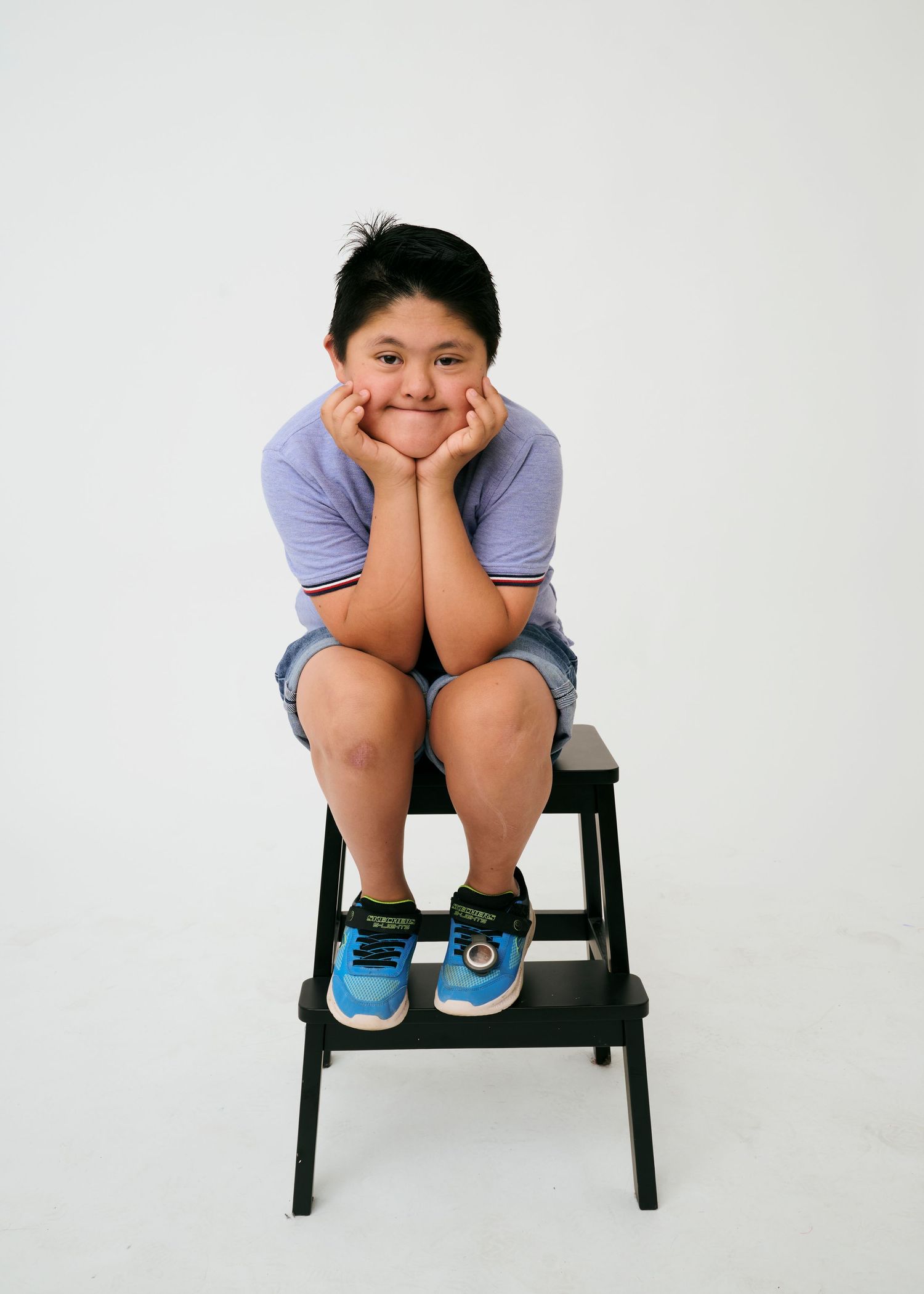 Series of photos showing someone sitting on a black bench in casual attire against white background.