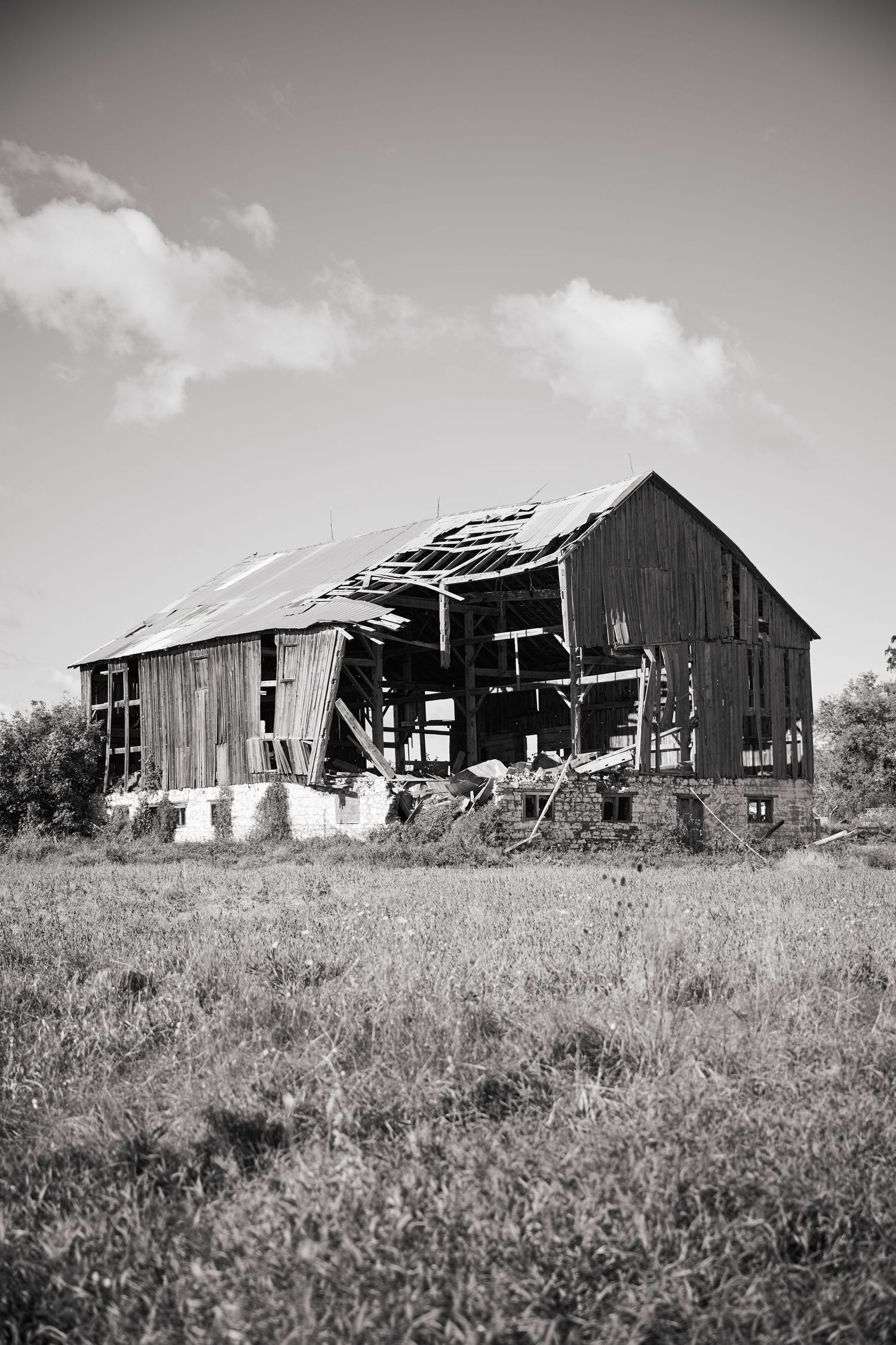 Dilapidated wooden barn with collapsed roof stands in overgrown field under cloudy sky.