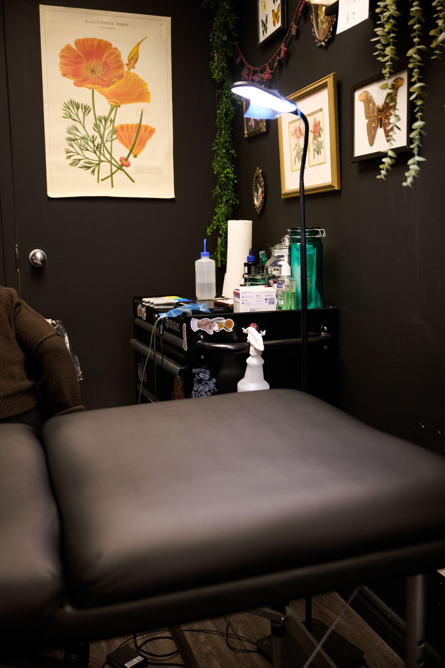 A black-walled tattoo studio setup with a leather massage table and vintage botanical artwork on display.