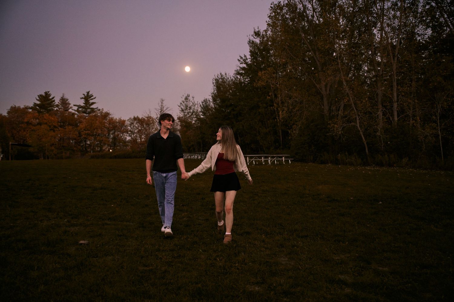 Silhouettes of people walking through a park at dusk with a glowing moon in the sky.