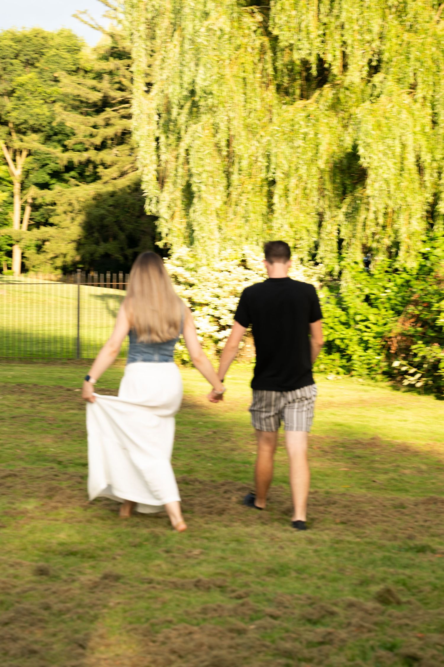 A couple walks through a park with weeping willow trees during golden hour, creating a romantic atmosphere.