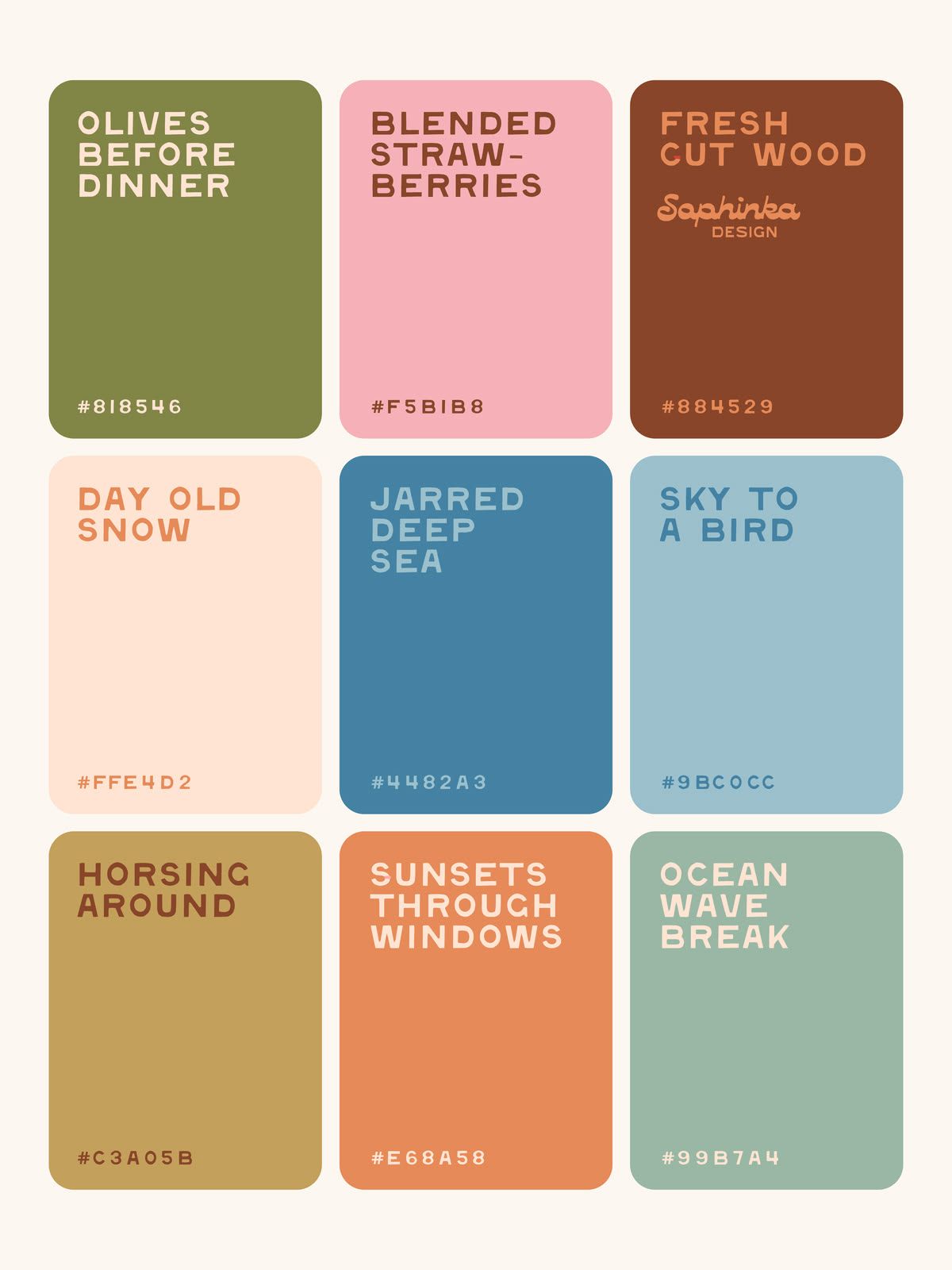 Color palette chart with 9 swatches including olive green, pink, brown, blush, teal, sky blue, gold, sage, and ocean blue shades.