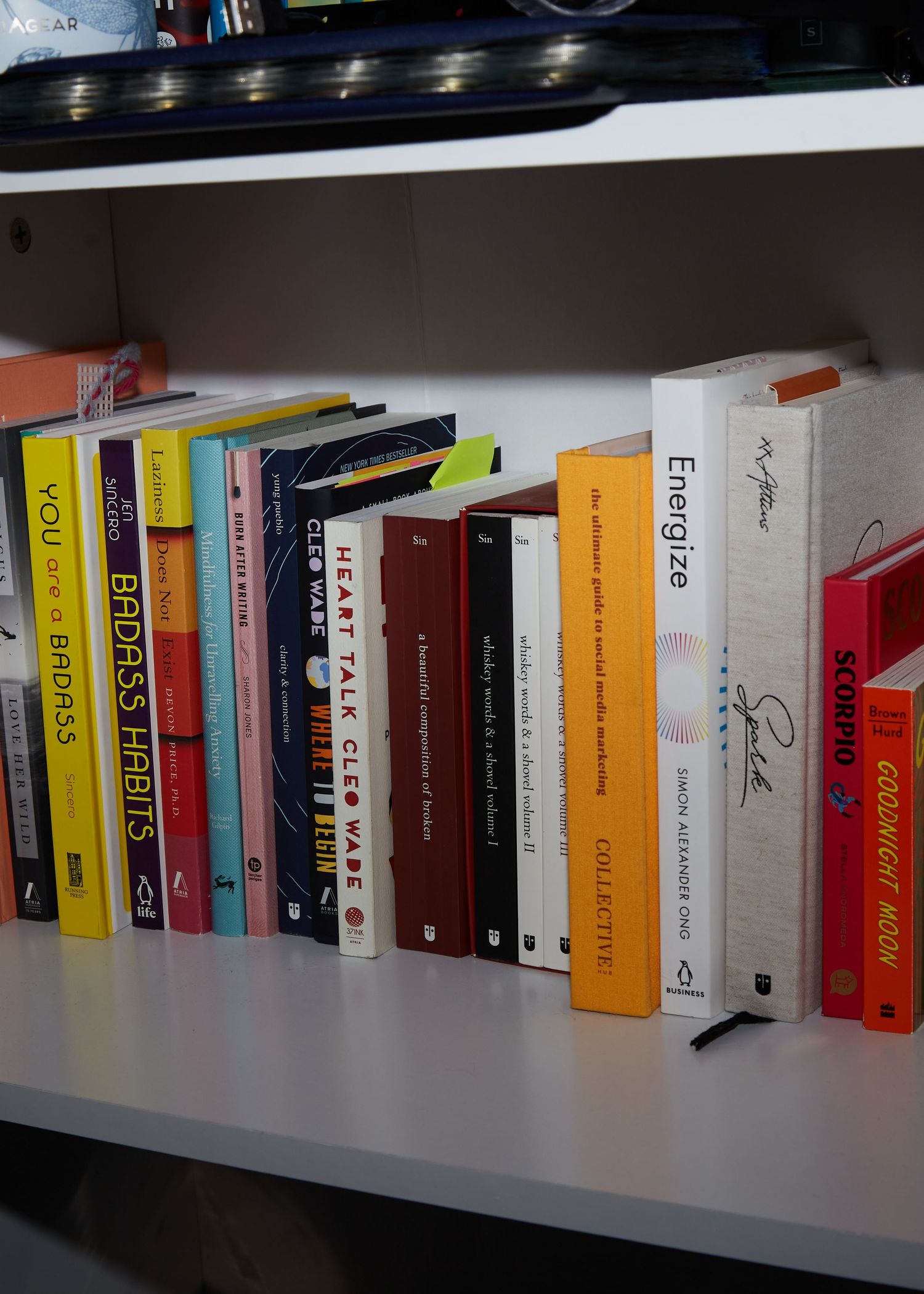 Bookshelf filled with various colored books arranged side by side.