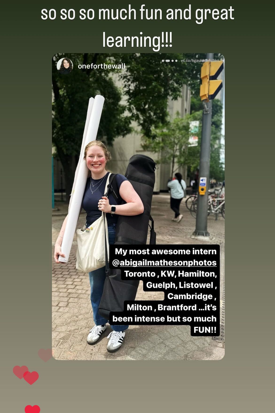 A series of social media story posts showing people in outdoor urban settings with text overlays about internships and fun.