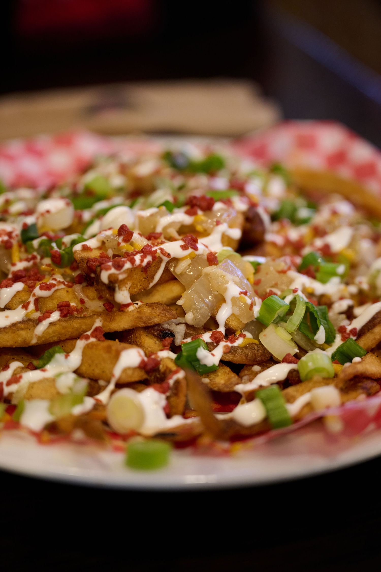 Loaded pub fries topped with white sauce, bacon bits, and fresh green onions on a red and white checkered plate.