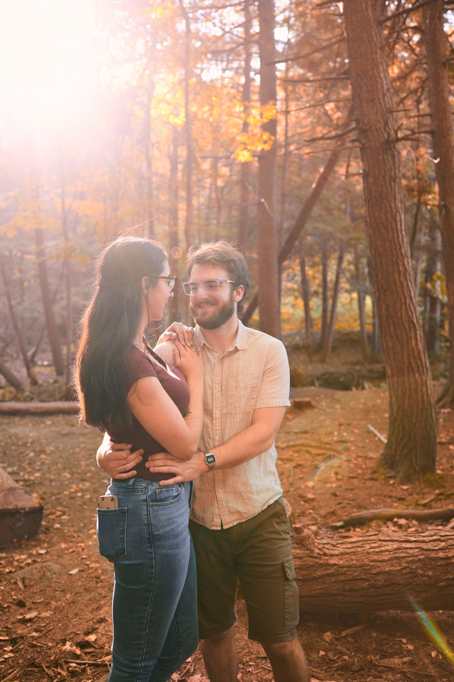 A couple embraces in a sunlit autumn forest with golden leaves and tall trees creating a romantic atmosphere.