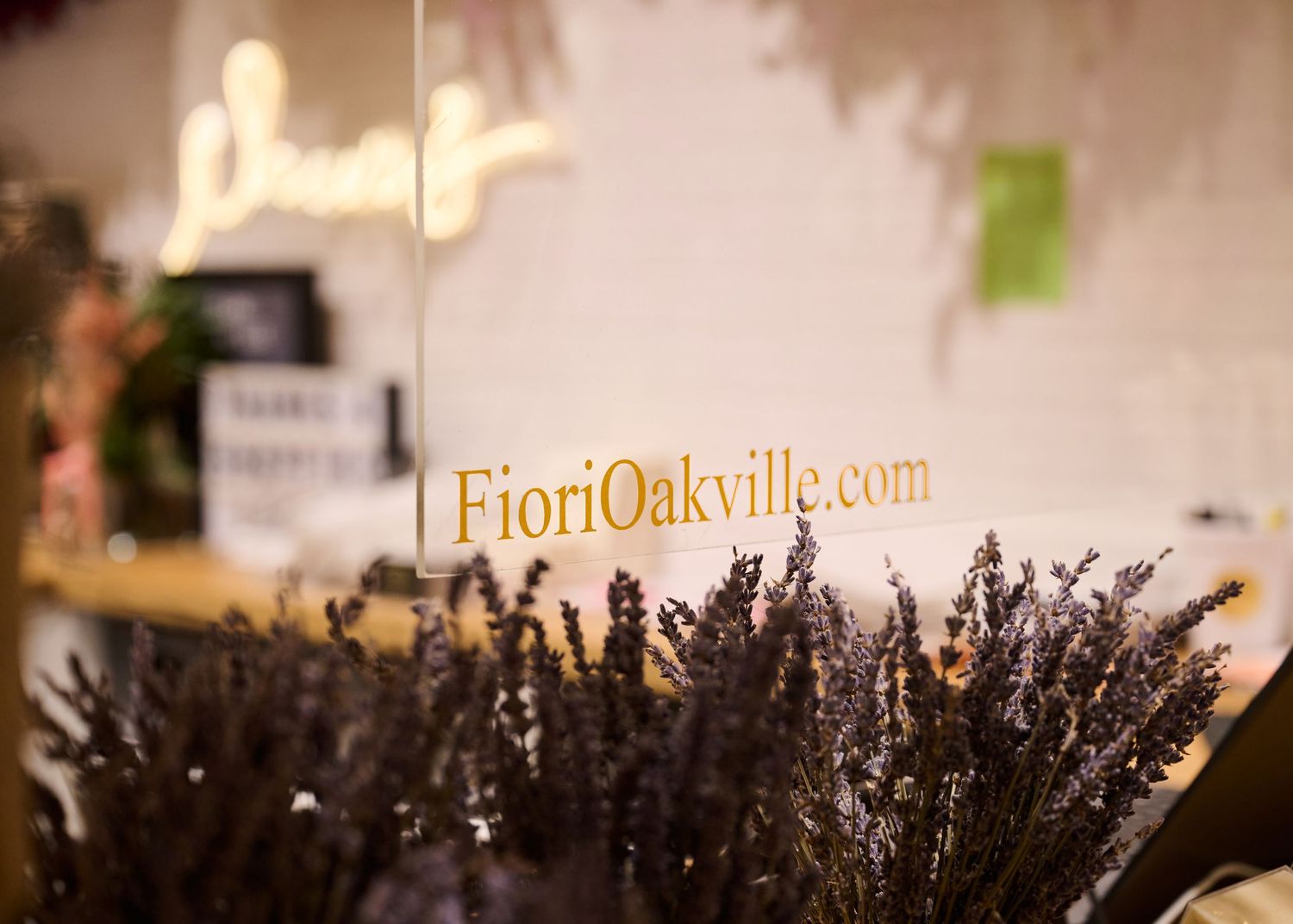 A bundle of dried lavender flowers on display with a blurred sign in the background.